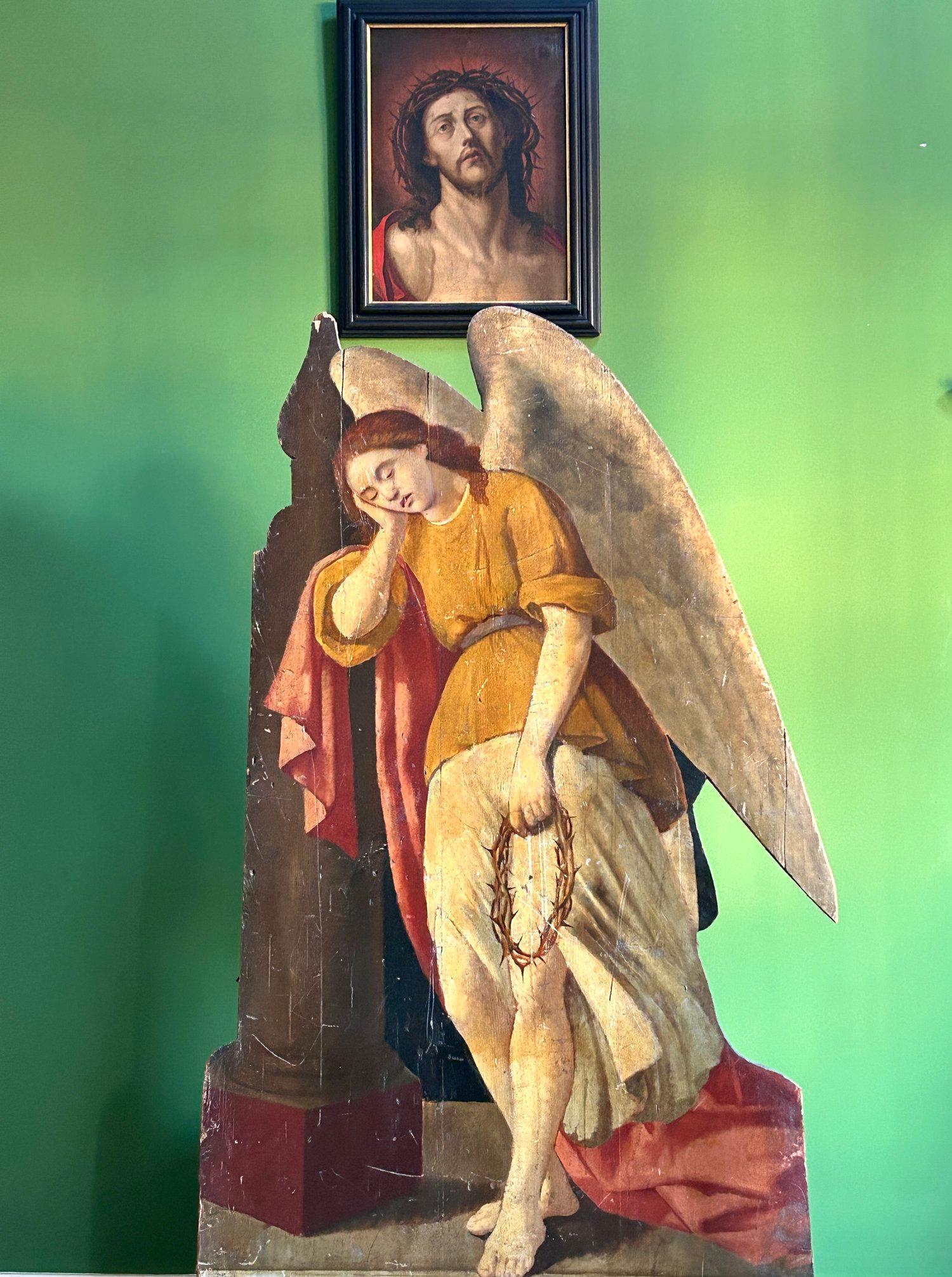 Antique Angel Painting, Religious Angel Painting, Antique Angel Sculpture, Antique Dummy Board, Antique Religious Painting, Antique Religious Sculpture, Gothic Antique.

19th Century Religious Dummy Board Oil Painting of Angel & Crown of