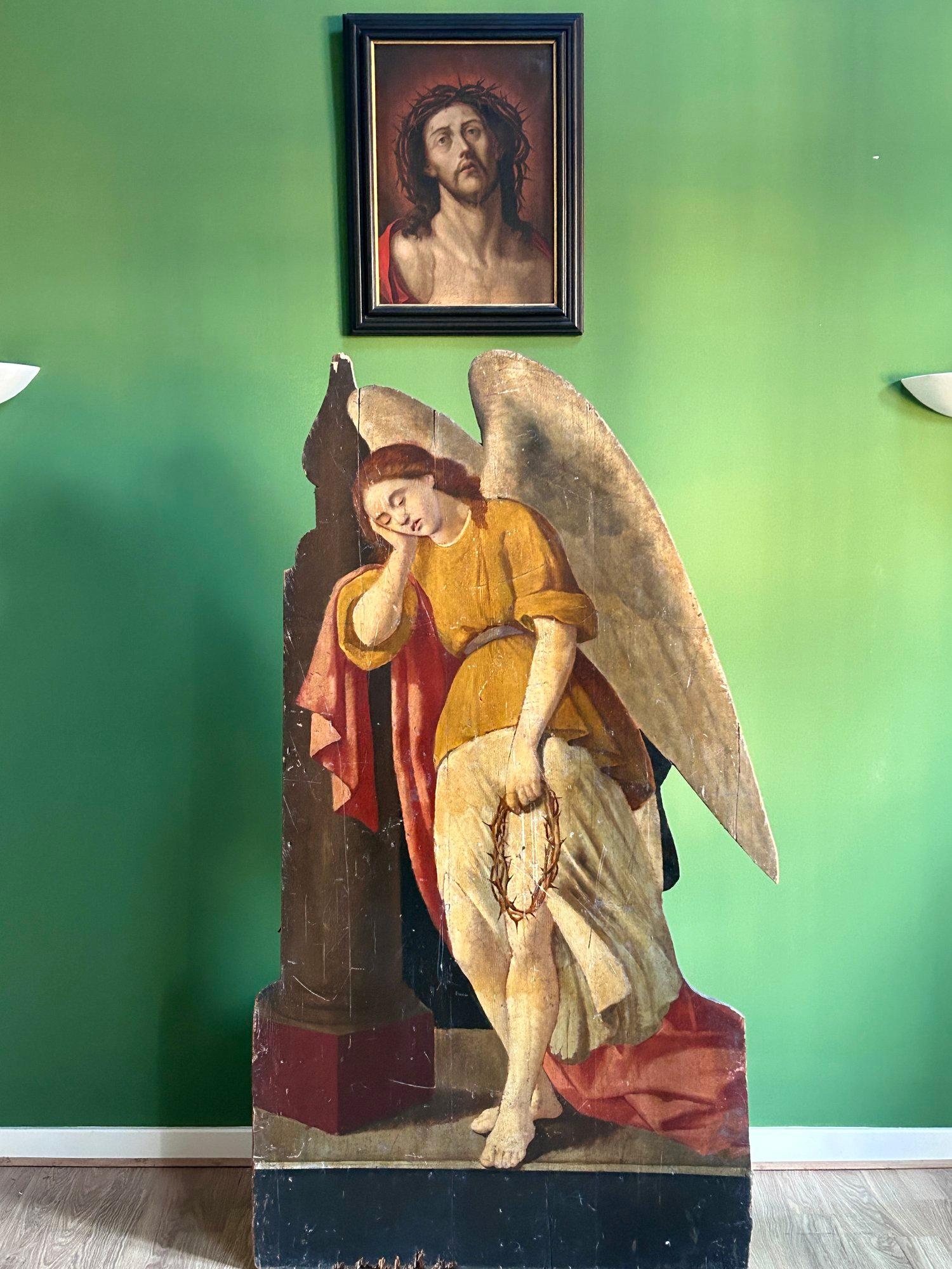 Gothic 19th Century Carved Dummy Board Oil Painting of an Angel & Crown of Thorns For Sale