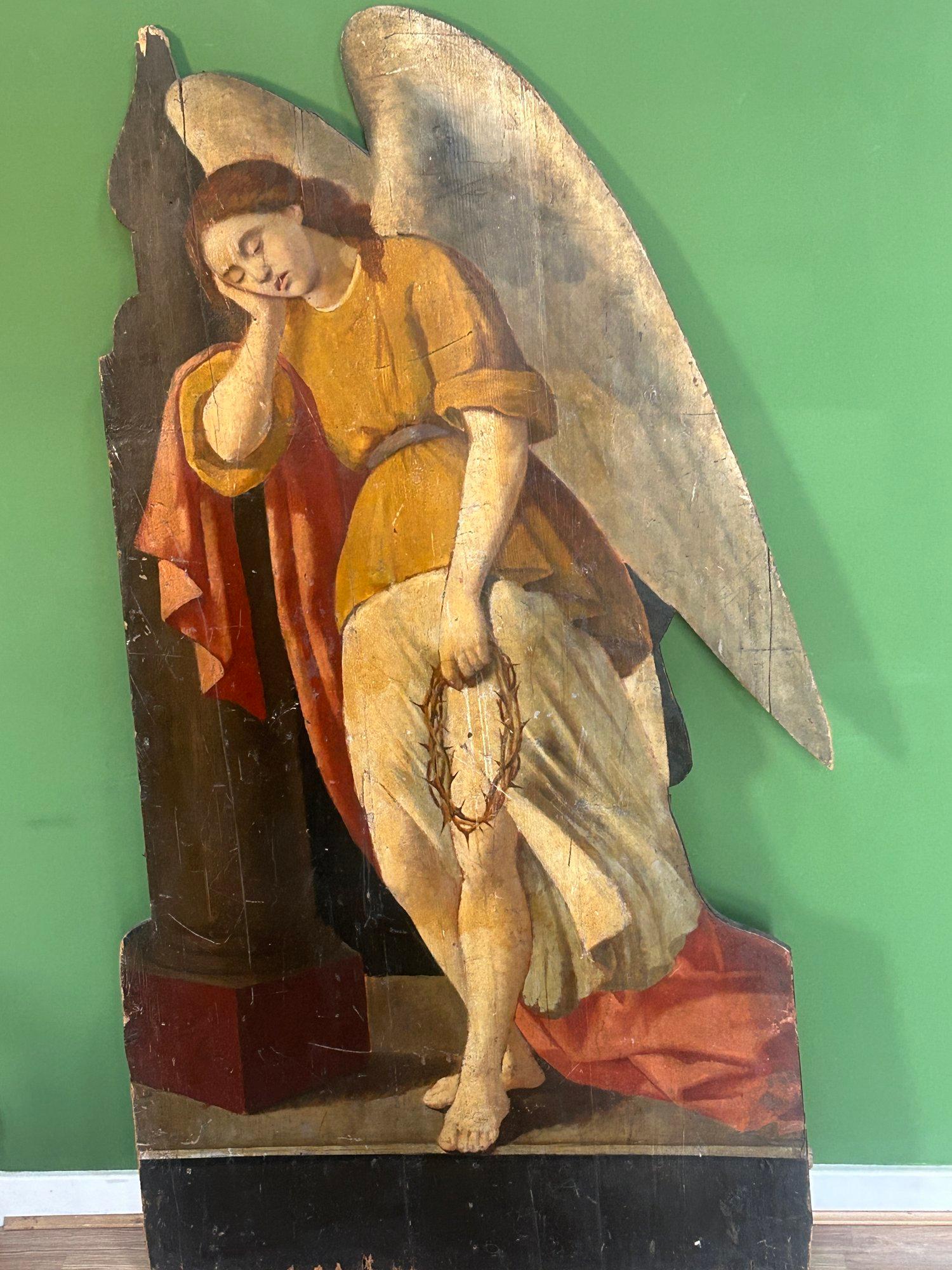 Peinture à l'huile du 19e siècle représentant un ange et une couronne d'épines Bon état - En vente à London, GB