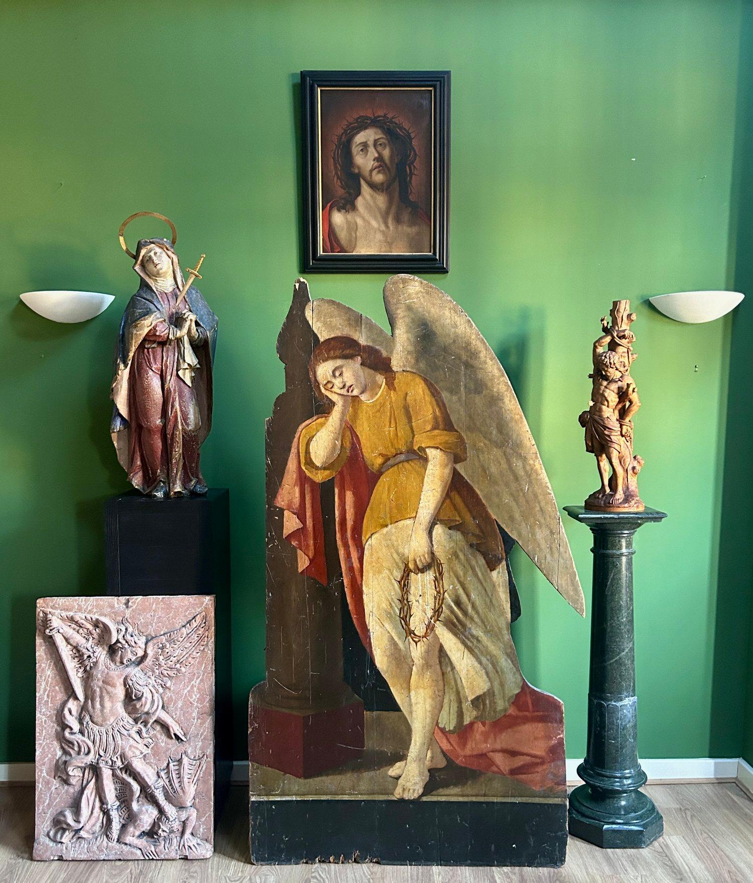 19th Century Carved Dummy Board Oil Painting of an Angel & Crown of Thorns For Sale 1