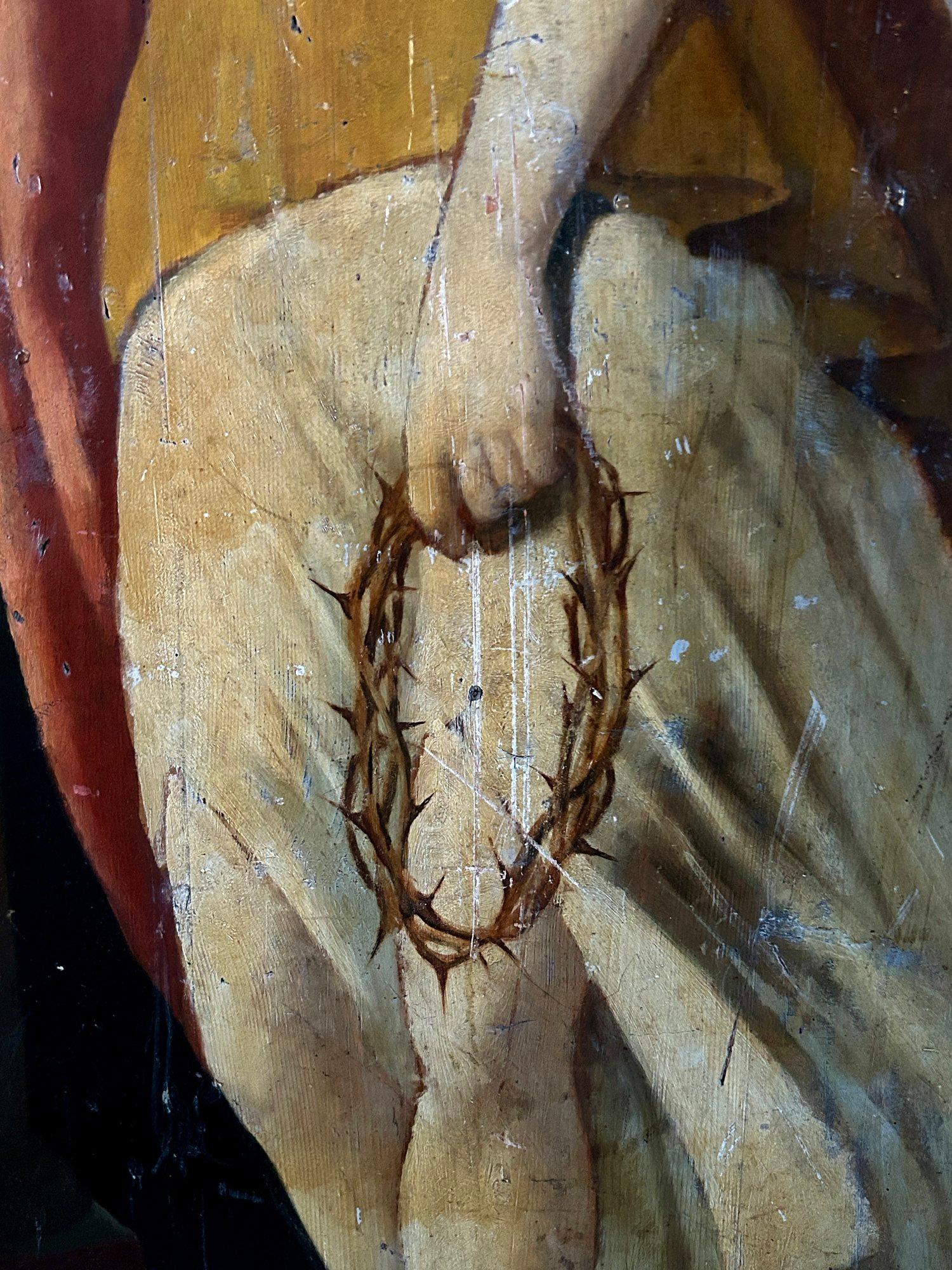 19th Century Carved Dummy Board Oil Painting of an Angel & Crown of Thorns For Sale 3