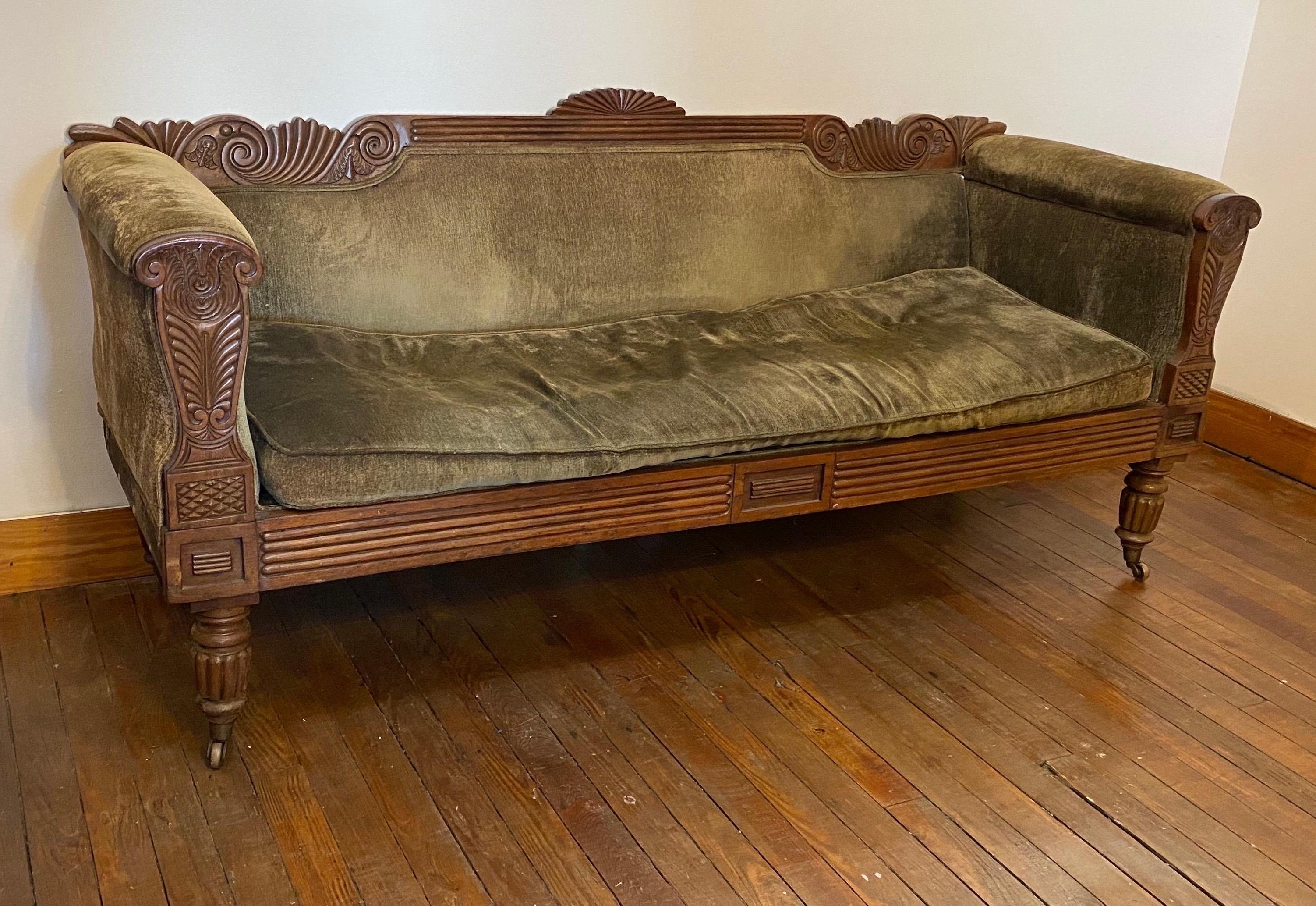 Mahogany 19th Century Carved English Regency Sofa For Sale