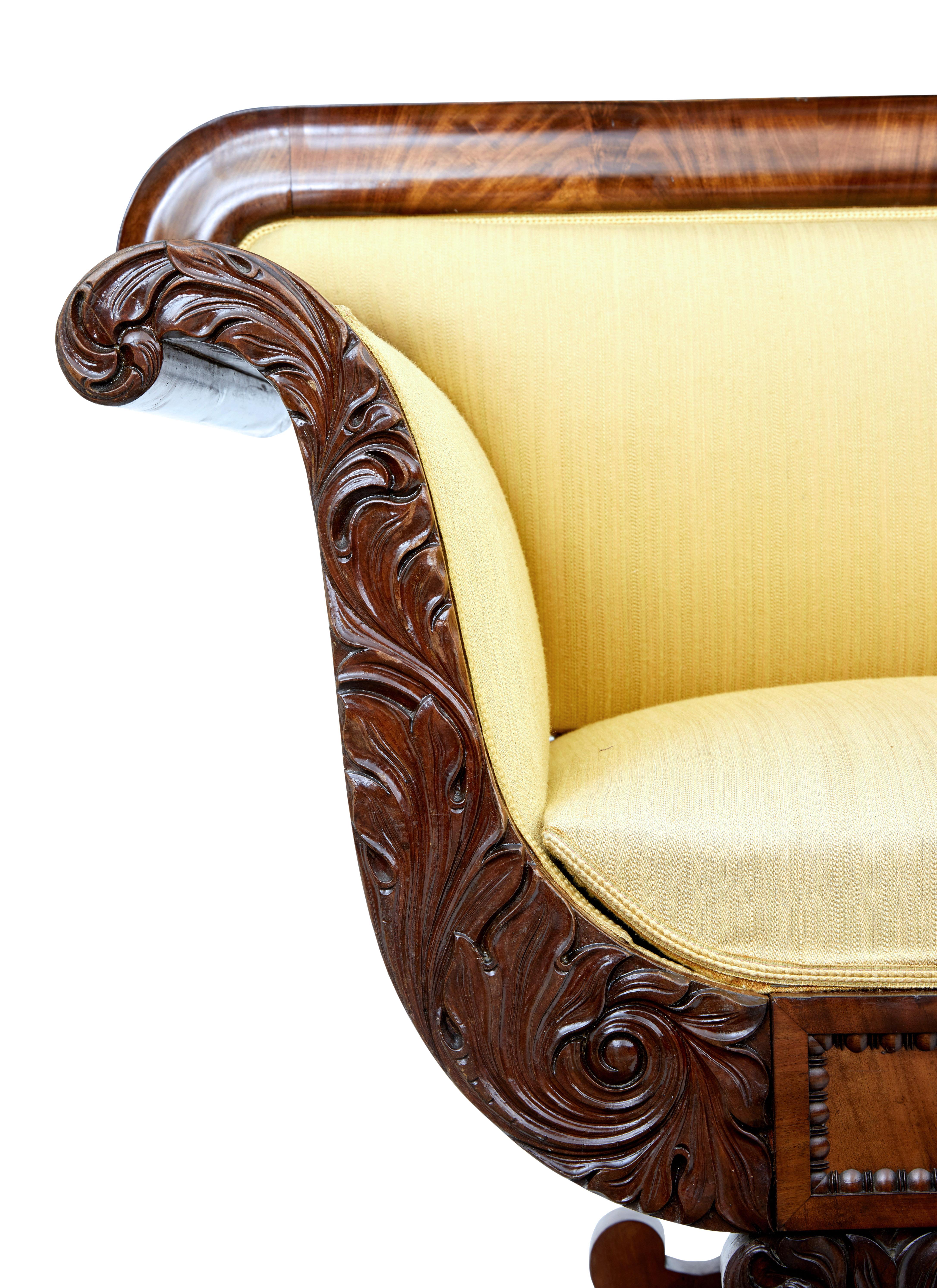 19th Century Carved Flame Mahogany Swedish Sofa 1
