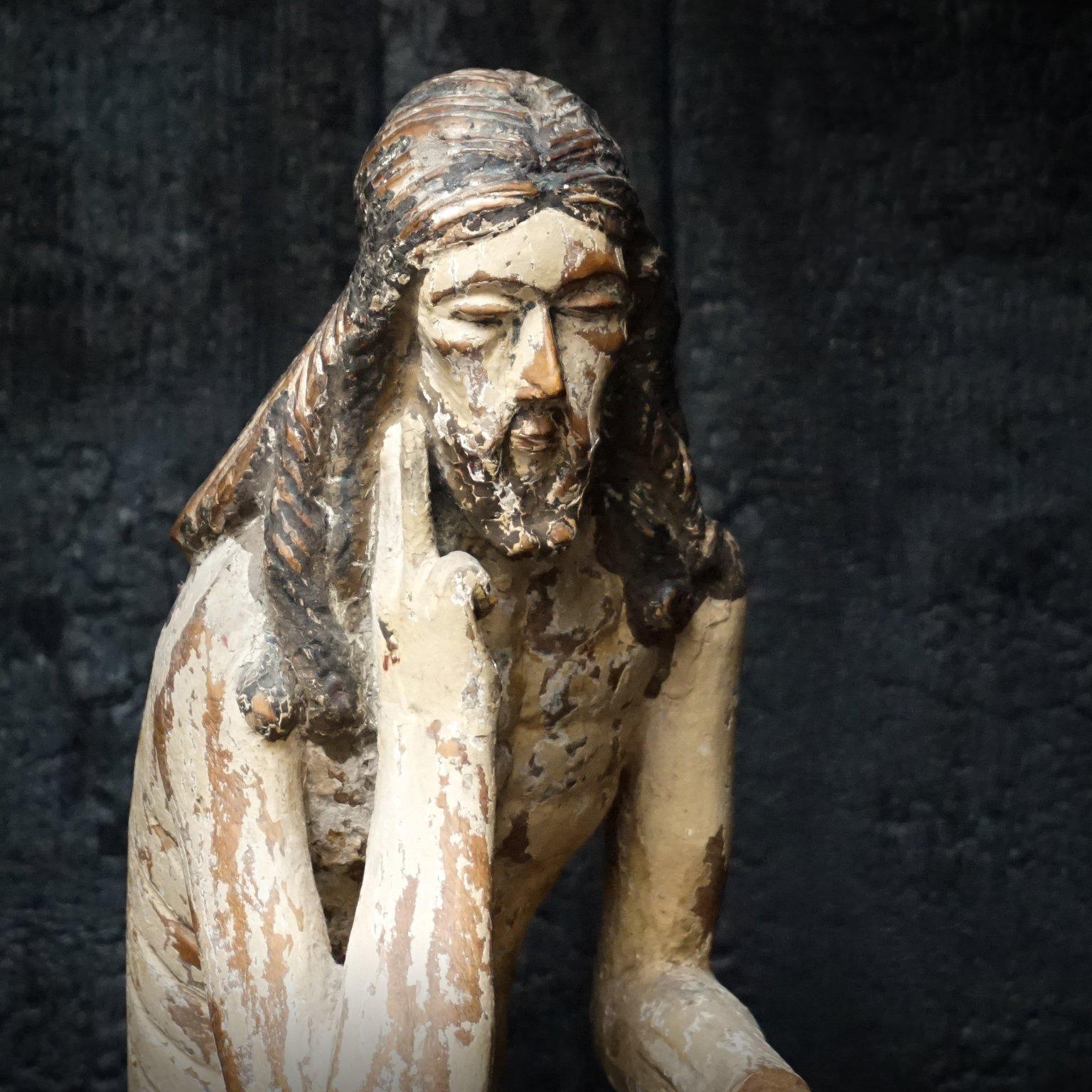 19th Century Carved Fruitwood Sitting Martyr Figure, Christ on a Rock 2