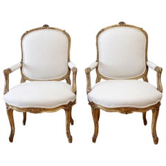 19th Century Carved Giltwood French Louis XV Style Open Armchairs