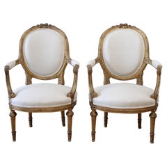 19th Century Carved Giltwood French Louis XVI Style Open Armchairs