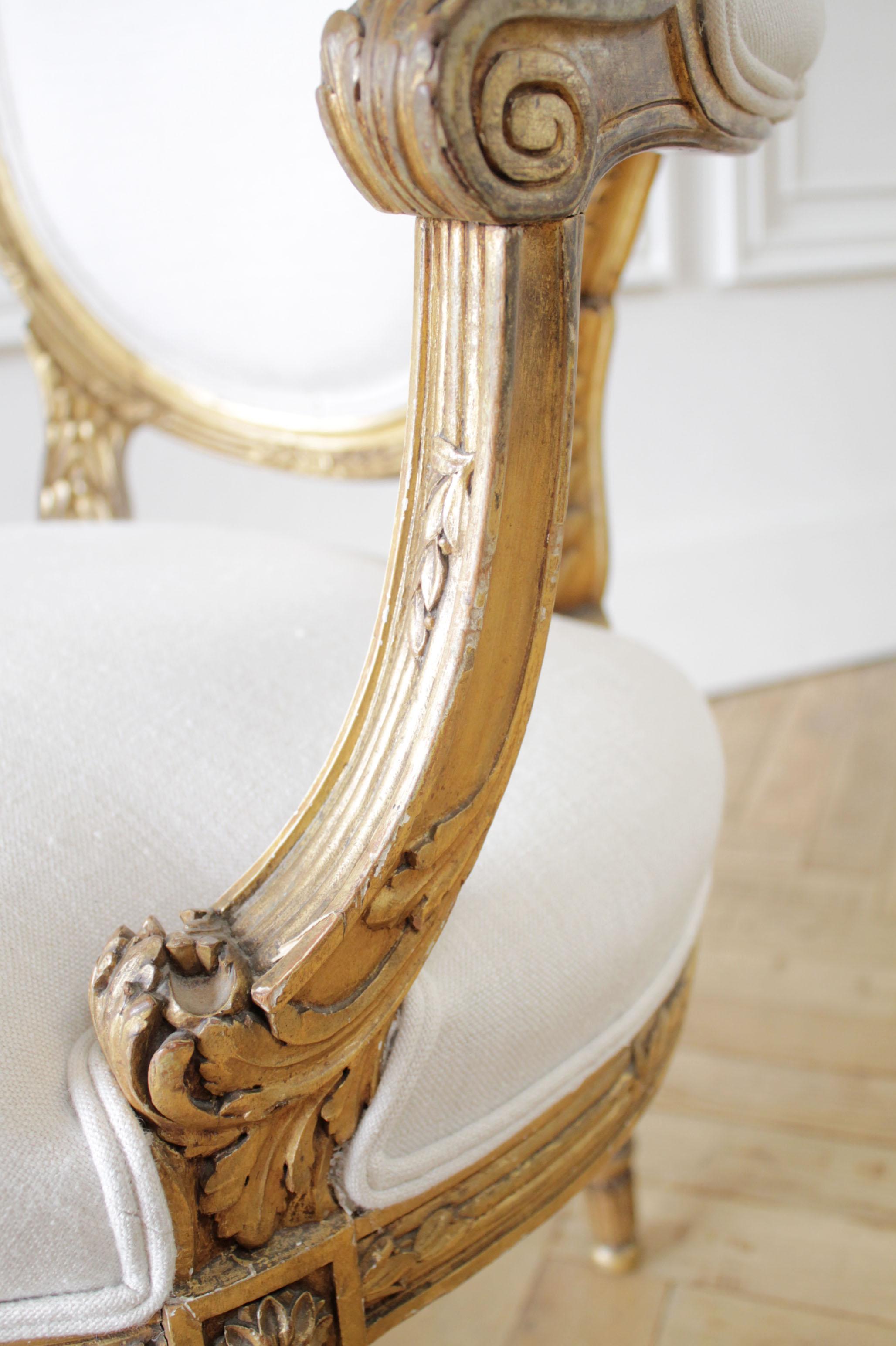 19th Century Carved Giltwood French Louis XVI Style Open Armchairs 5