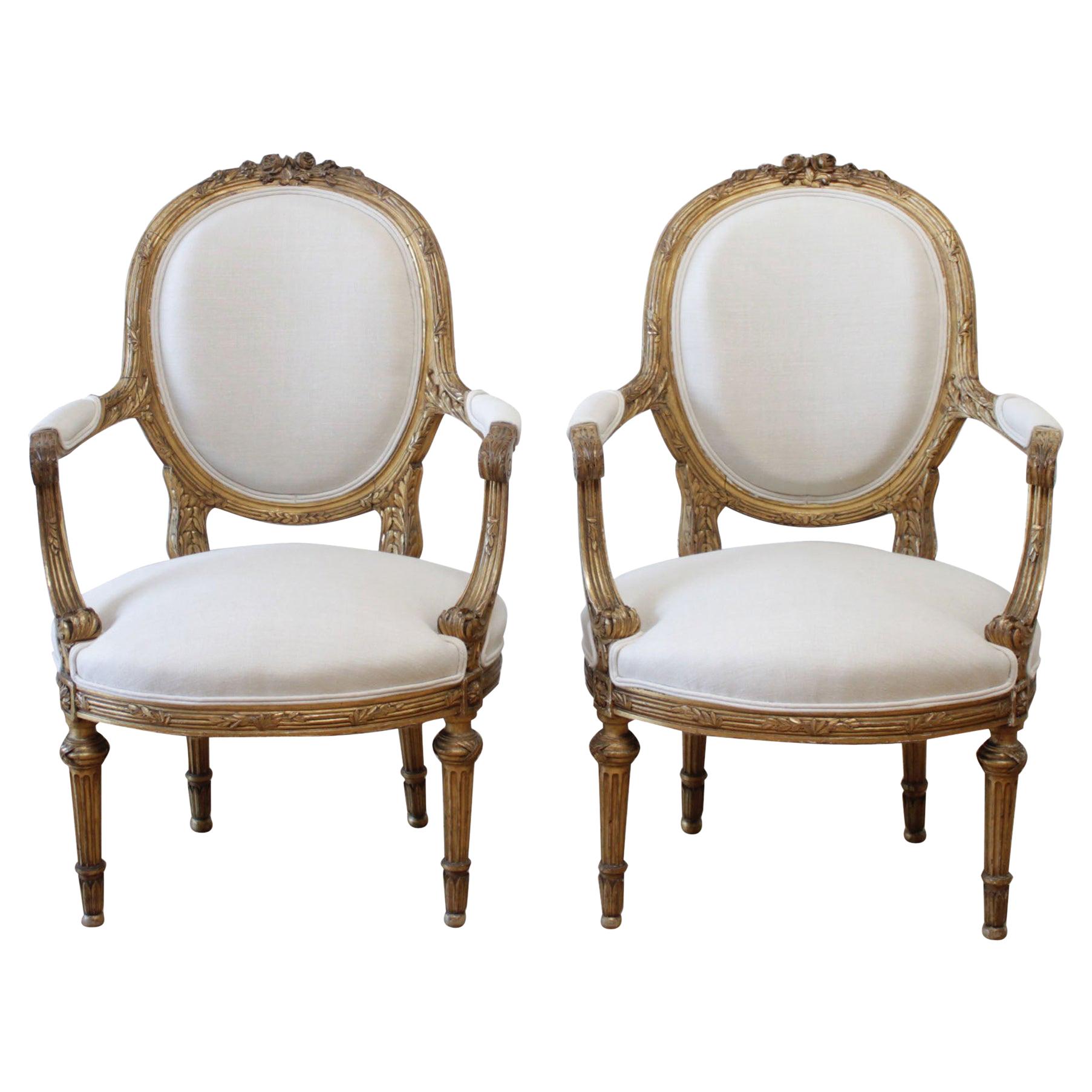 19th Century Carved Giltwood French Louis XVI Style Open Armchairs
