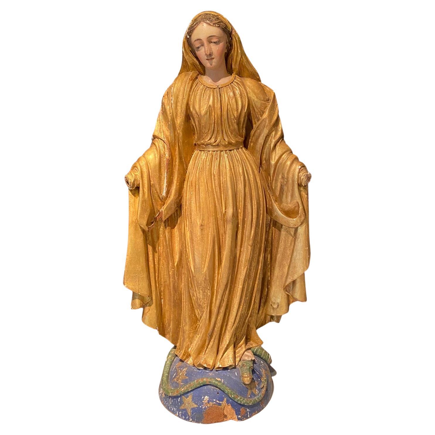 19th Century Carved Giltwood French Santos Figure Statue of the Virgin