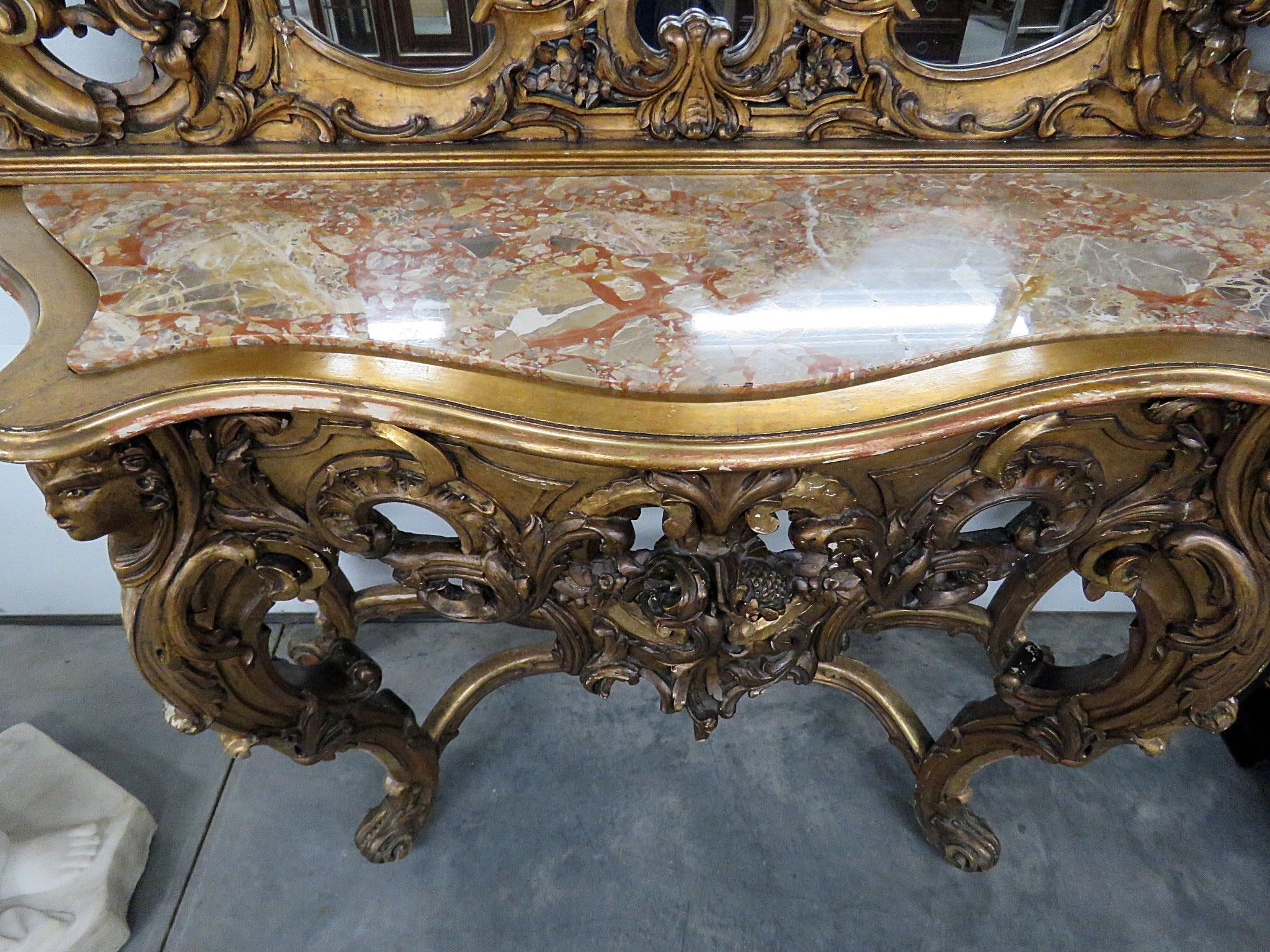 19th Century Carved Giltwood Marble-Top Console with Mirror 1