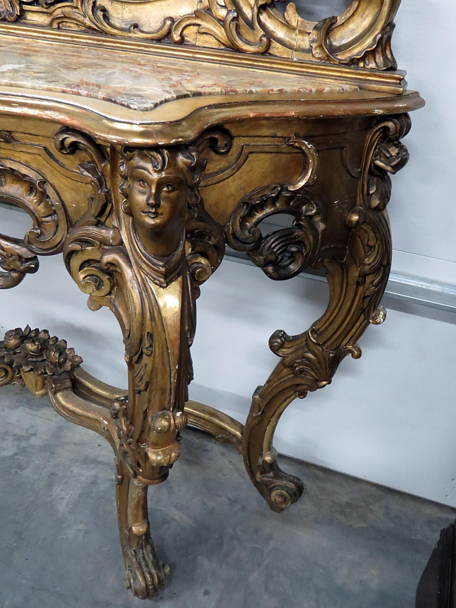 19th Century Carved Giltwood Marble-Top Console with Mirror 4