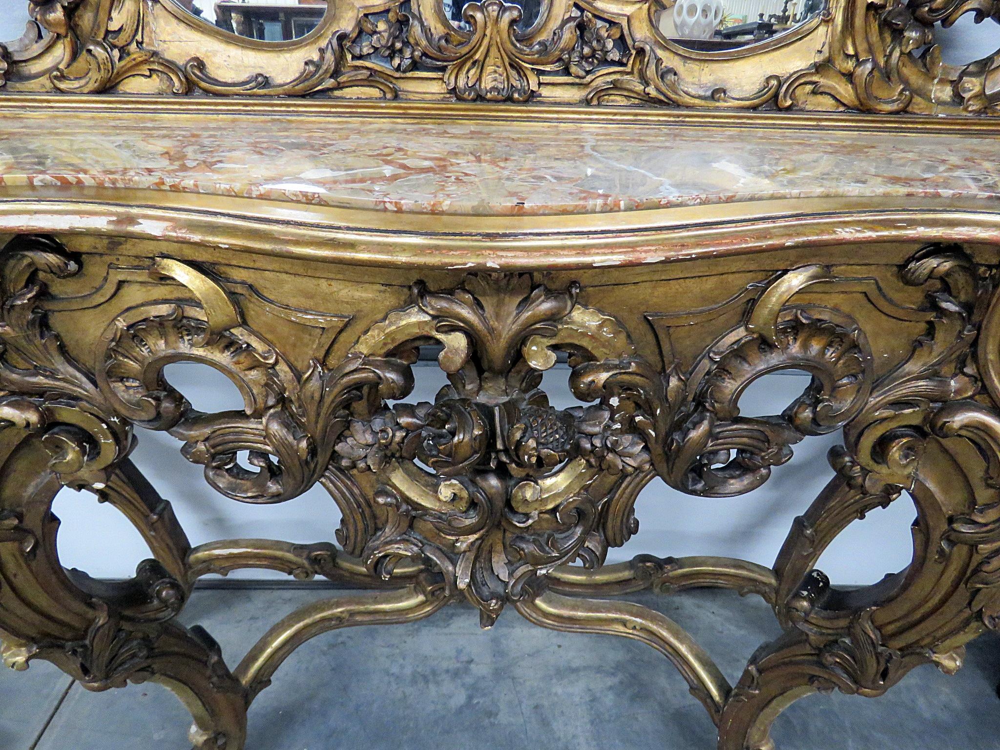 19th Century Carved Giltwood Marble-Top Console with Mirror 5