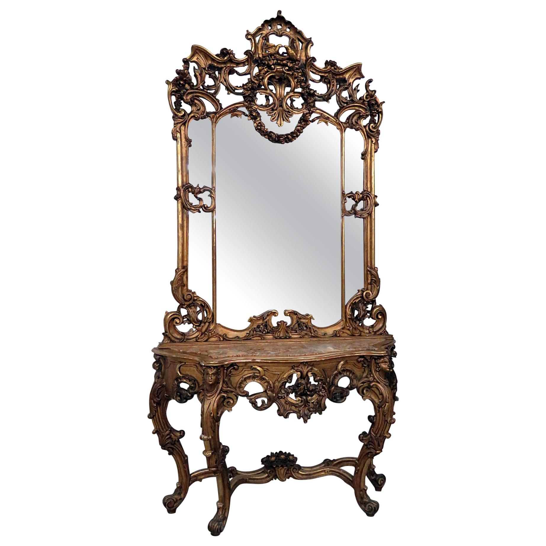19th Century Carved Giltwood Marble-Top Console with Mirror