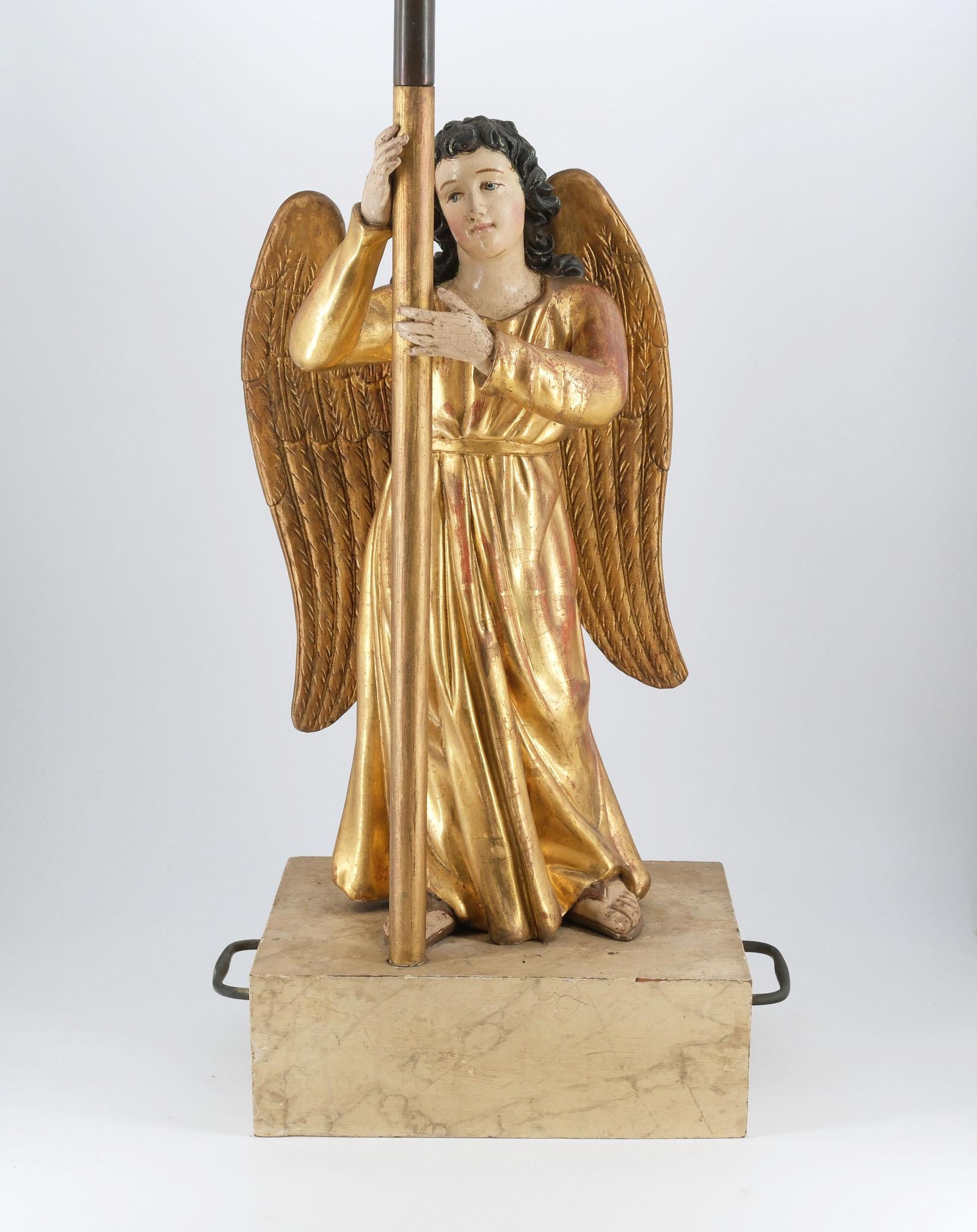 19th Century Carved Giltwood & Polychrome Painted Angel Alter Candlestick For Sale 4
