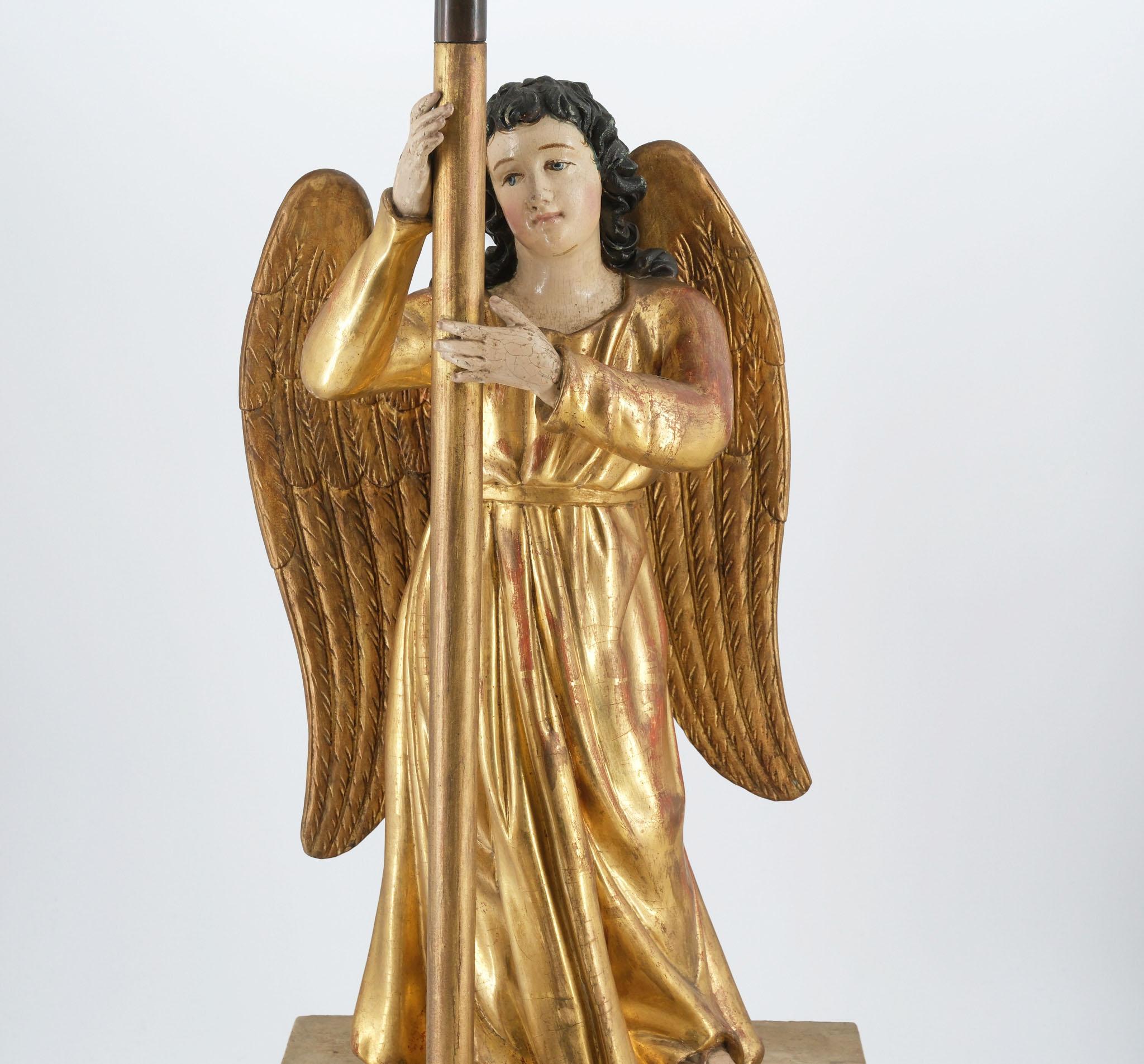 19th Century Carved Giltwood & Polychrome Painted Angel Alter Candlestick For Sale 5