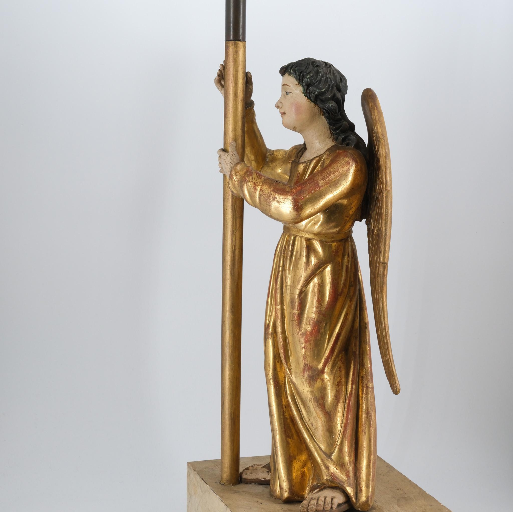 19th Century Carved Giltwood & Polychrome Painted Angel Alter Candlestick For Sale 6
