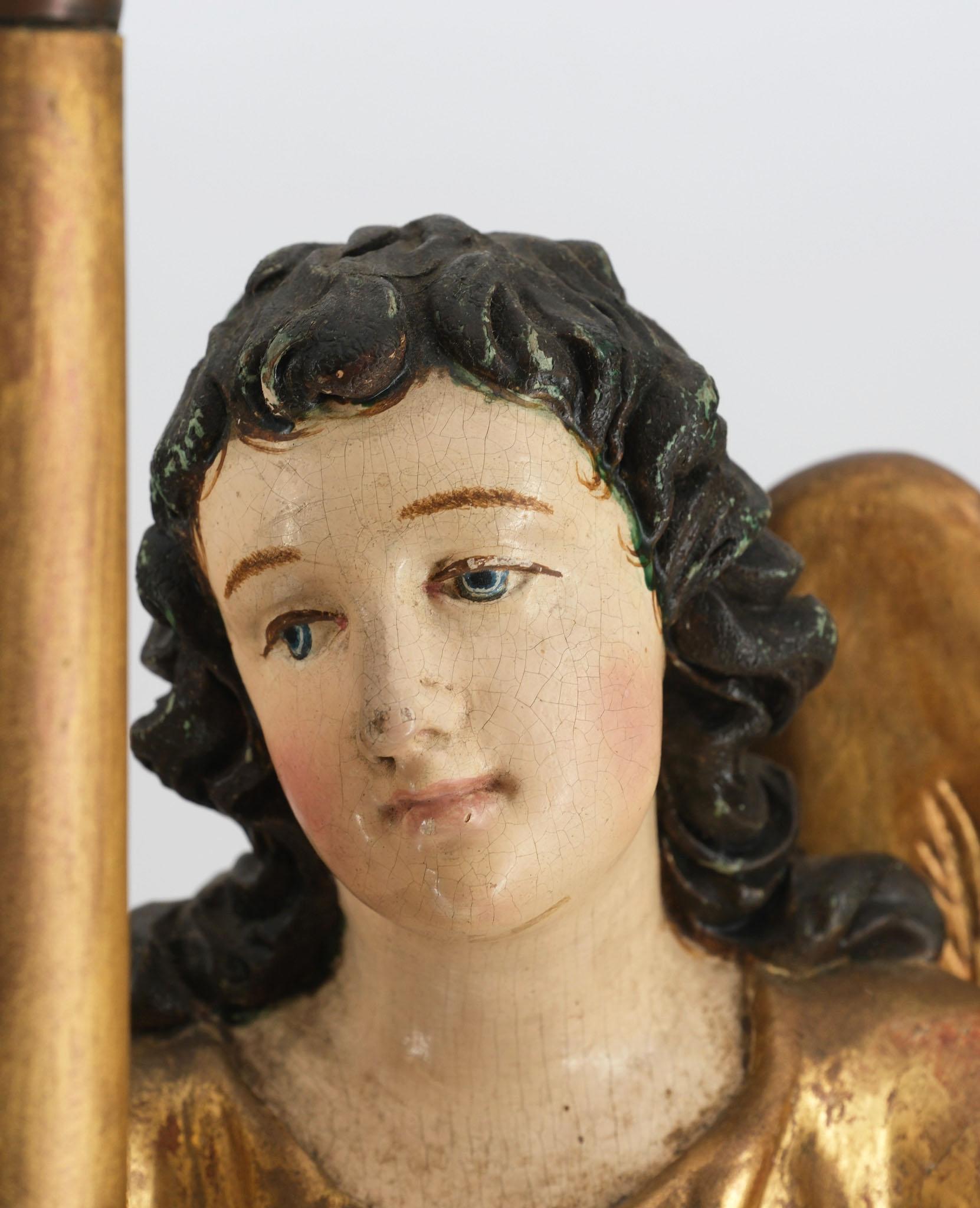 19th Century Carved Giltwood & Polychrome Painted Angel Alter Candlestick For Sale 8