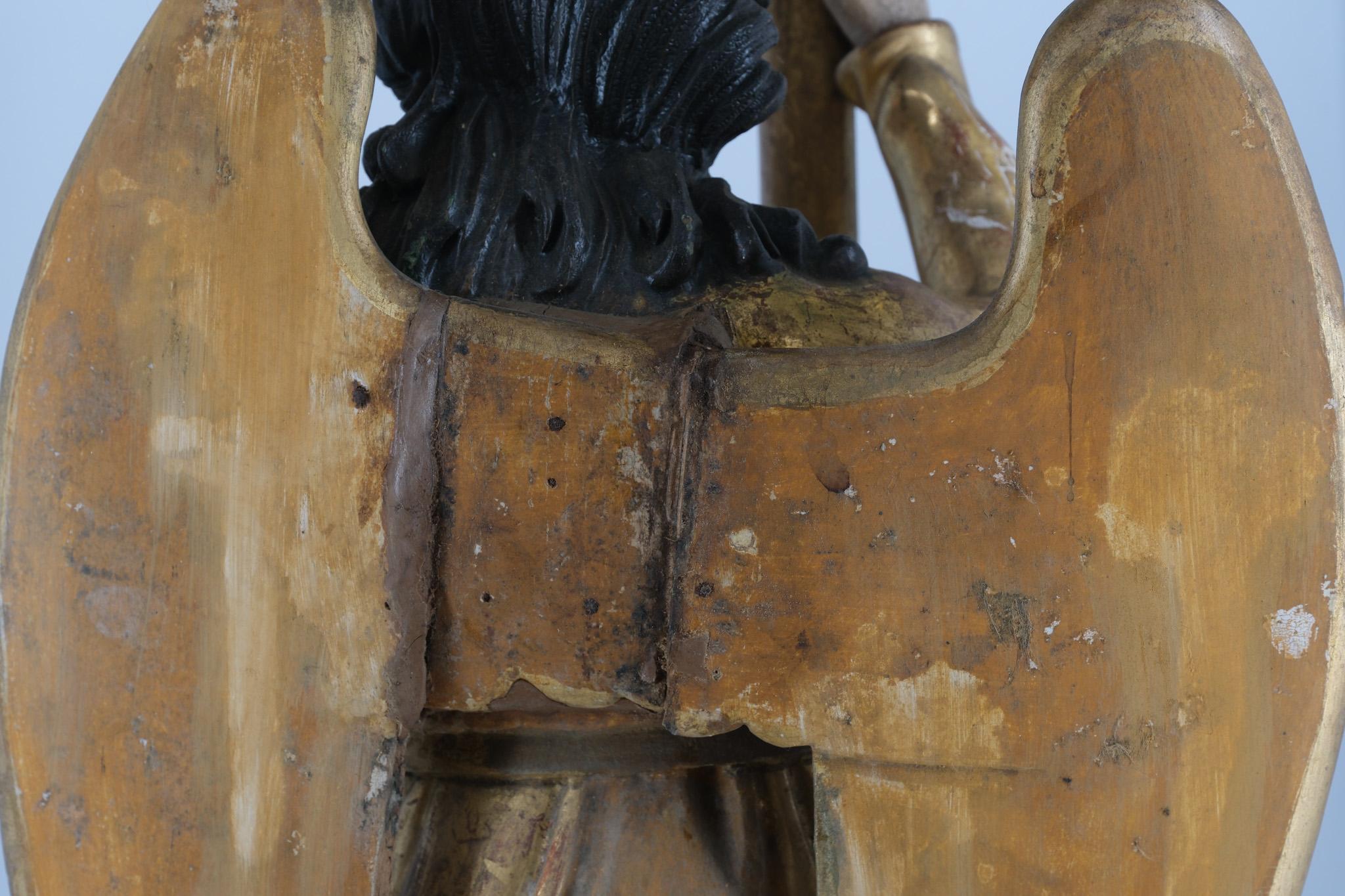 19th Century Carved Giltwood & Polychrome Painted Angel Alter Candlestick For Sale 9