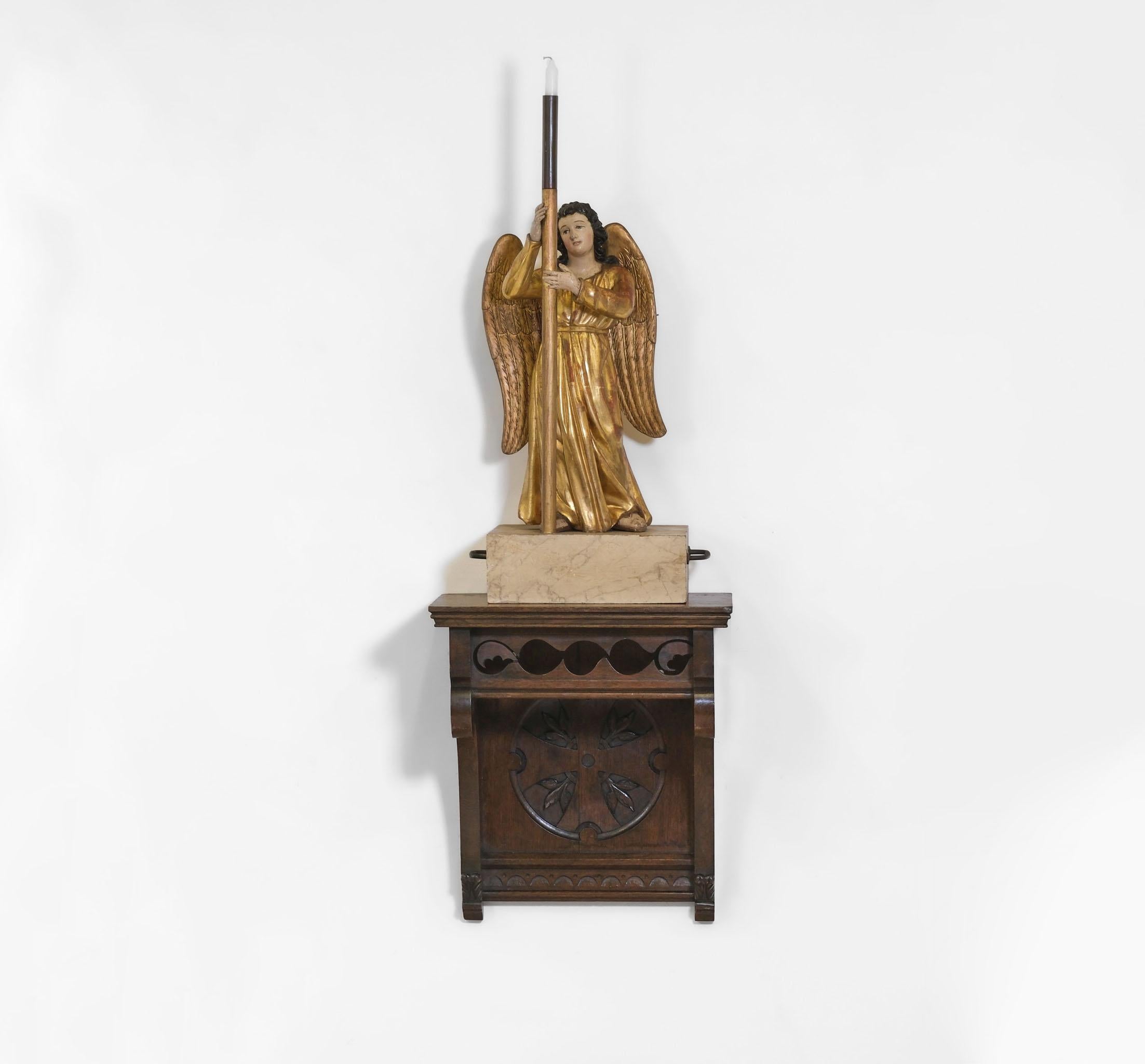 19th Century Carved Giltwood & Polychrome Painted Angel Alter Candlestick For Sale 11