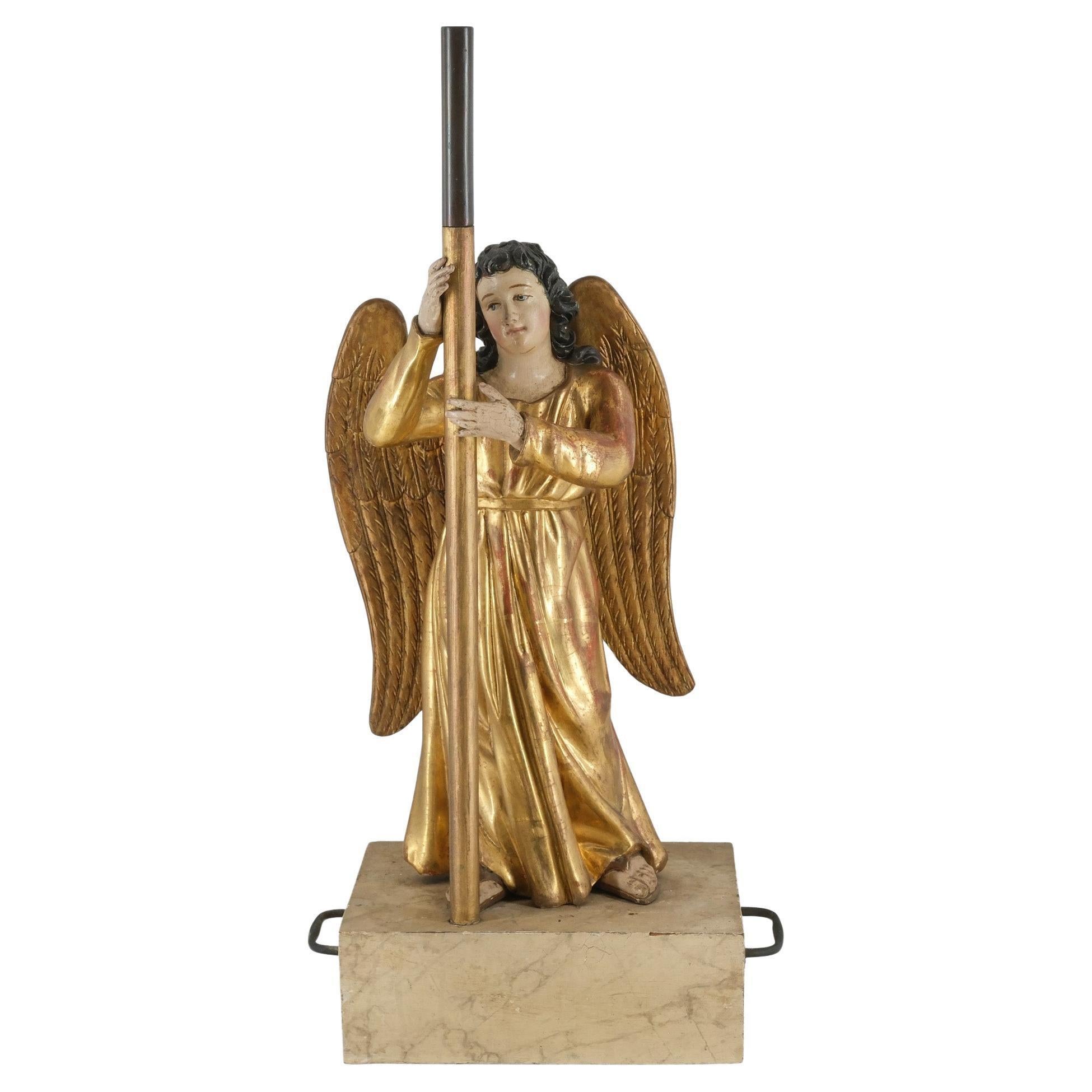 19th Century Carved Giltwood & Polychrome Painted Angel Alter Candlestick For Sale 13