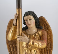 19th Century Carved Giltwood & Polychrome Painted Angel Alter Candlestick