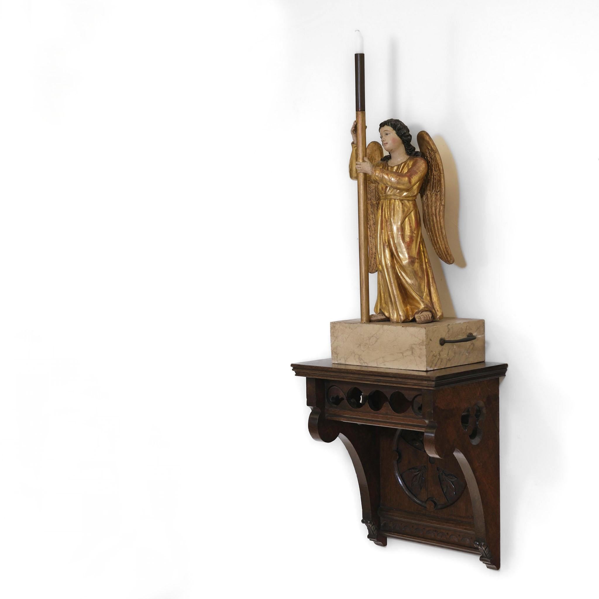 Renaissance 19th Century Carved Giltwood & Polychrome Painted Angel Alter Candlestick For Sale