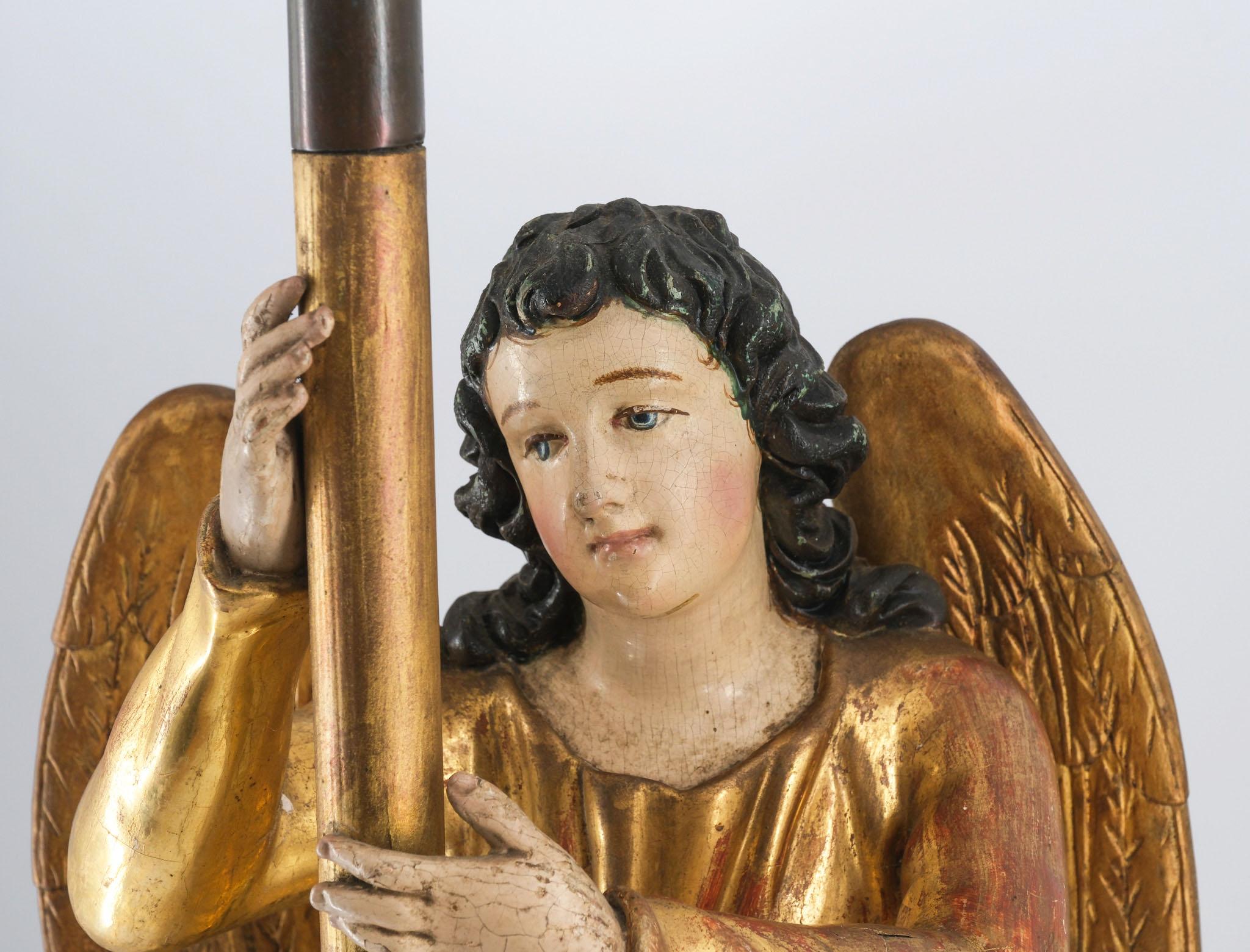 Gold Leaf 19th Century Carved Giltwood & Polychrome Painted Angel Alter Candlestick For Sale