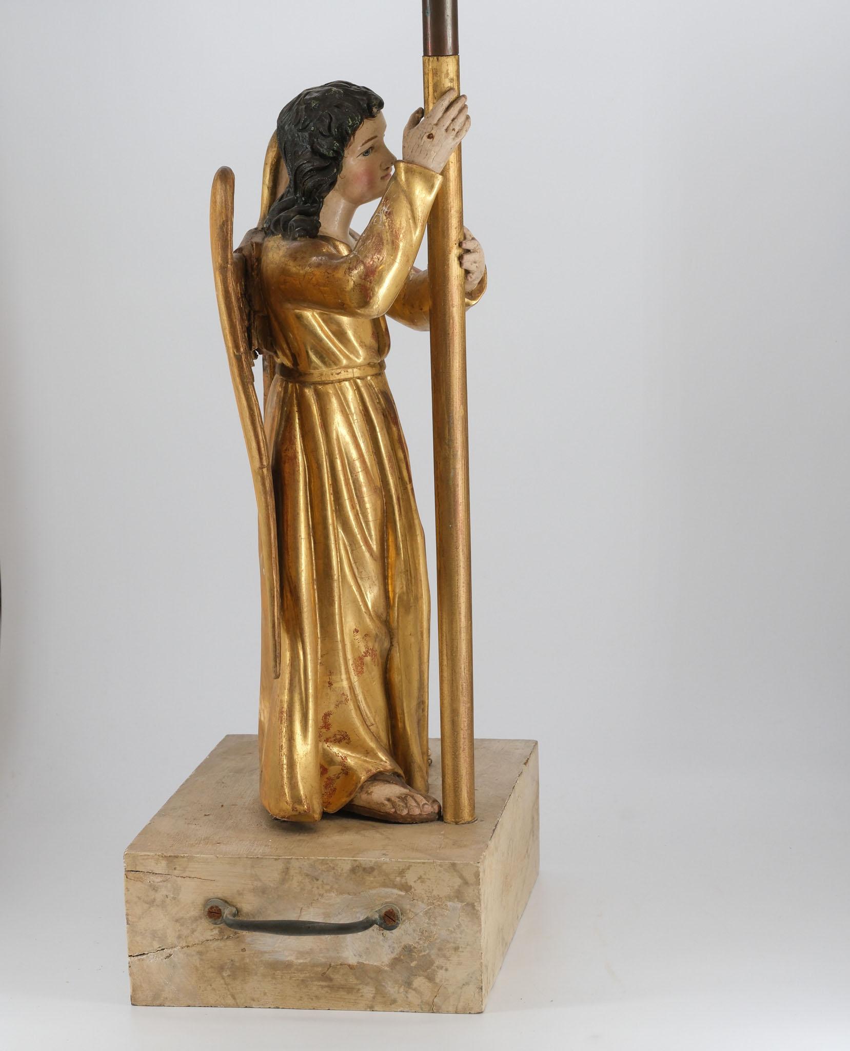 19th Century Carved Giltwood & Polychrome Painted Angel Alter Candlestick For Sale 1