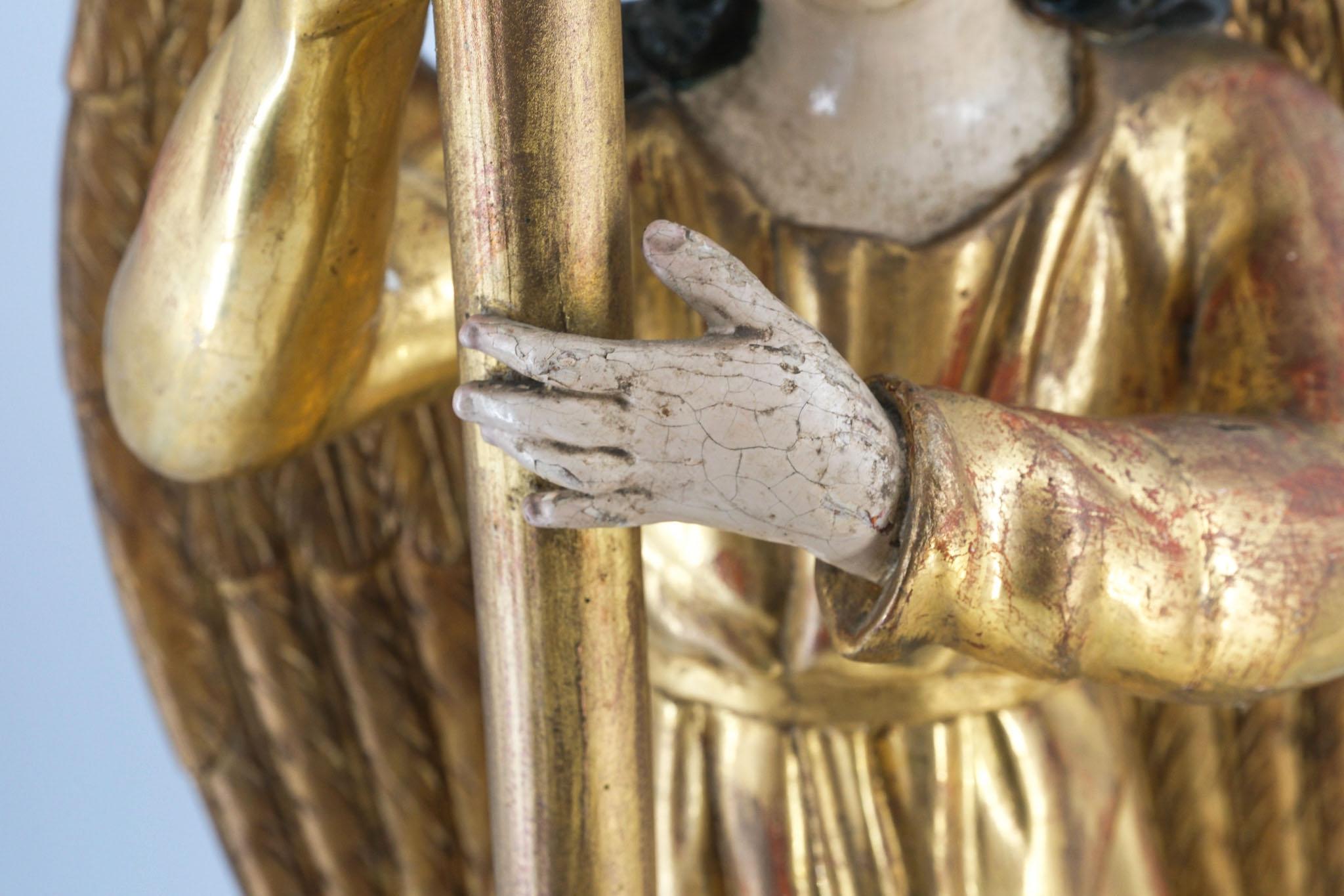 19th Century Carved Giltwood & Polychrome Painted Angel Alter Candlestick For Sale 2