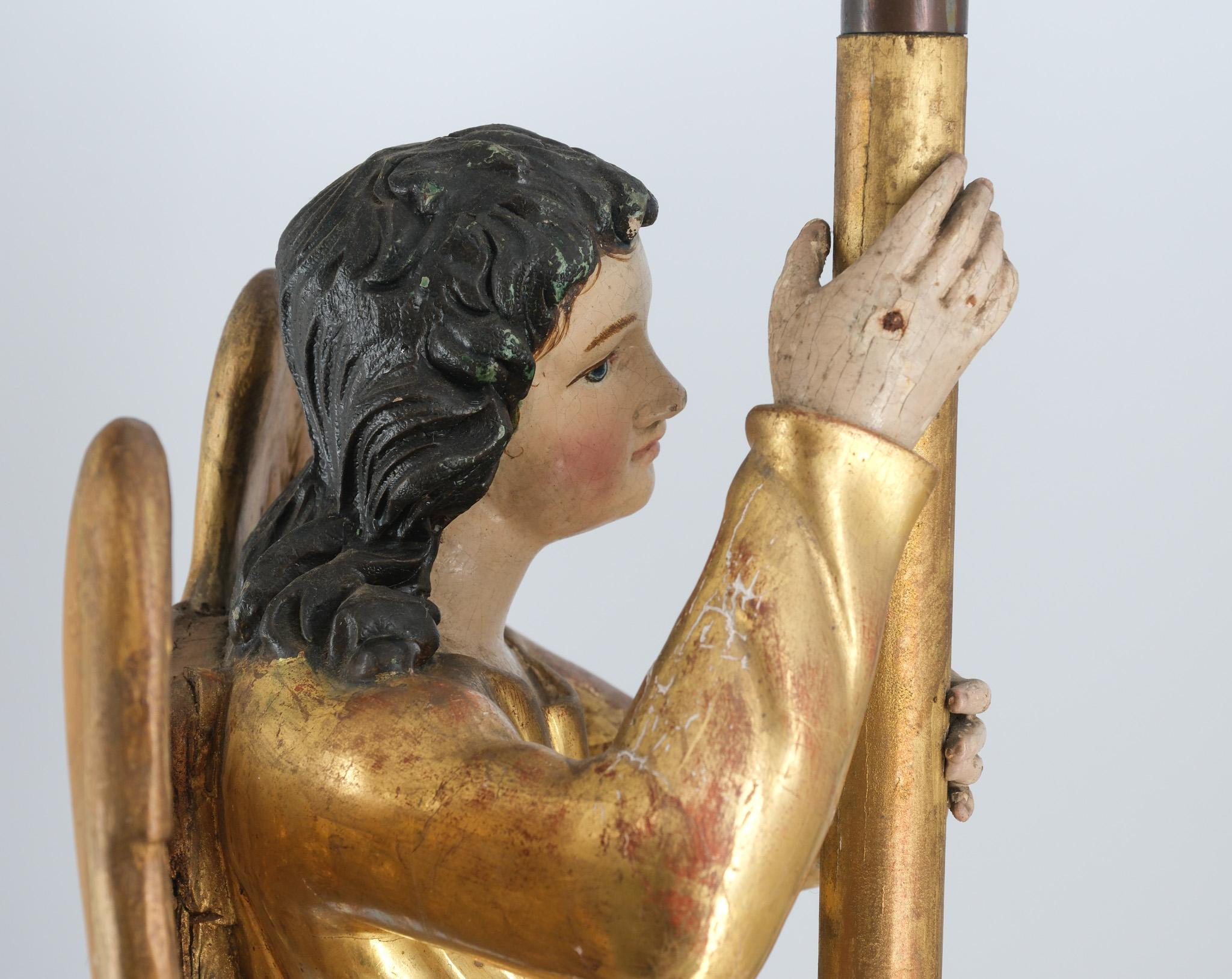 19th Century Carved Giltwood & Polychrome Painted Angel Alter Candlestick For Sale 3
