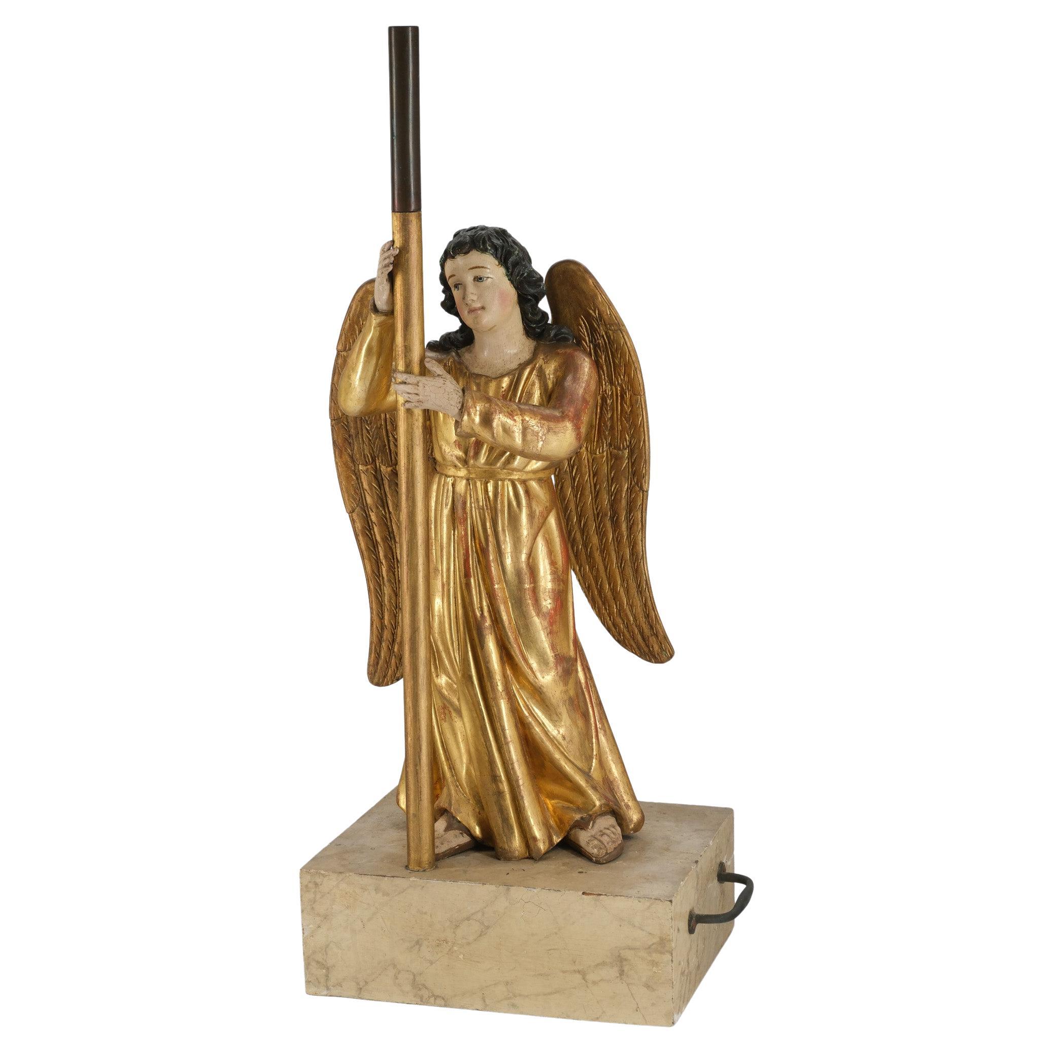 19th Century Carved Giltwood & Polychrome Painted Angel Alter Candlestick