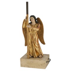 19th Century Carved Giltwood & Polychrome Painted Angel Alter Candlestick