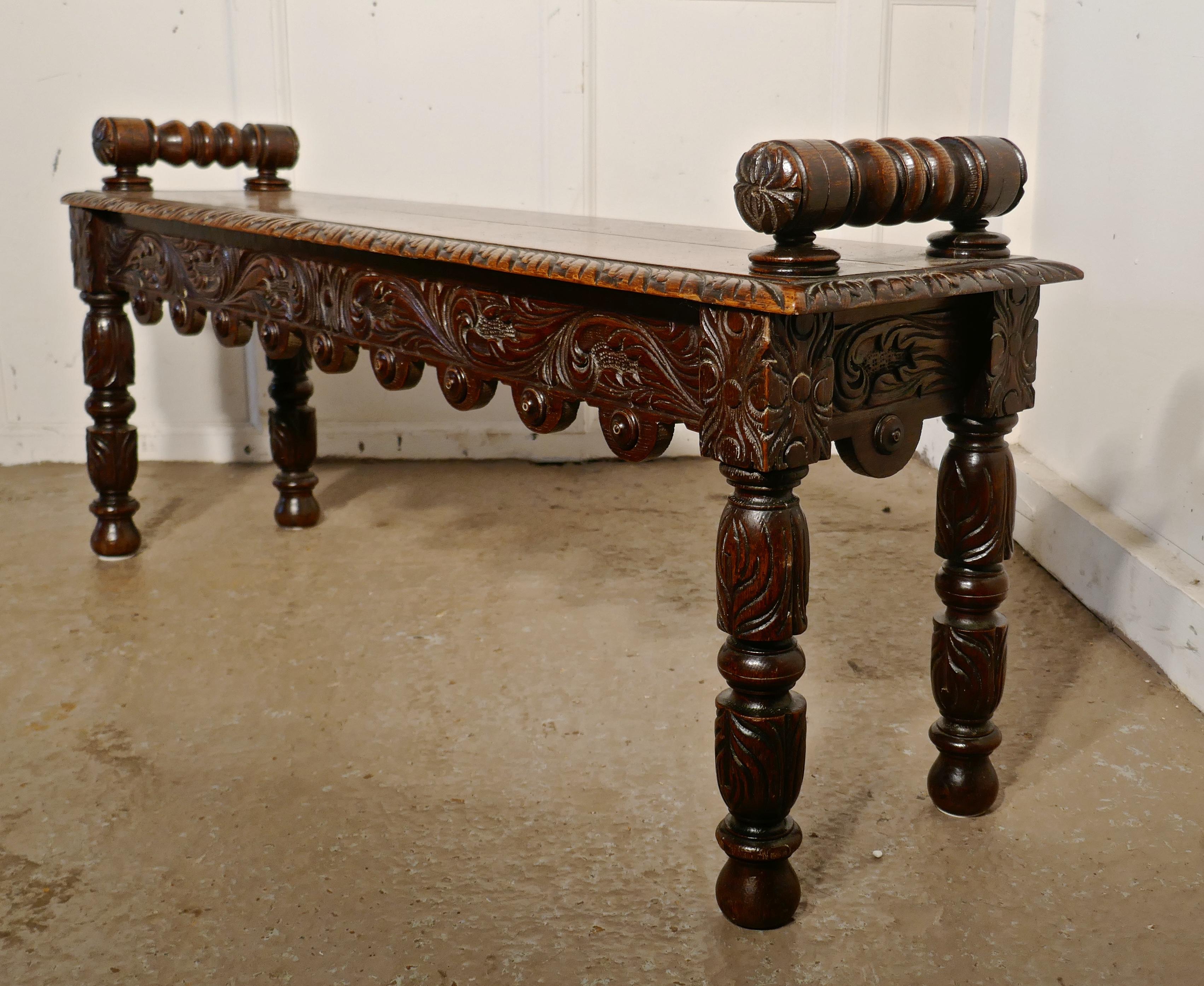 19th Century Carved Gothic Oak Window Seat or Hall bench In Good Condition In Chillerton, Isle of Wight