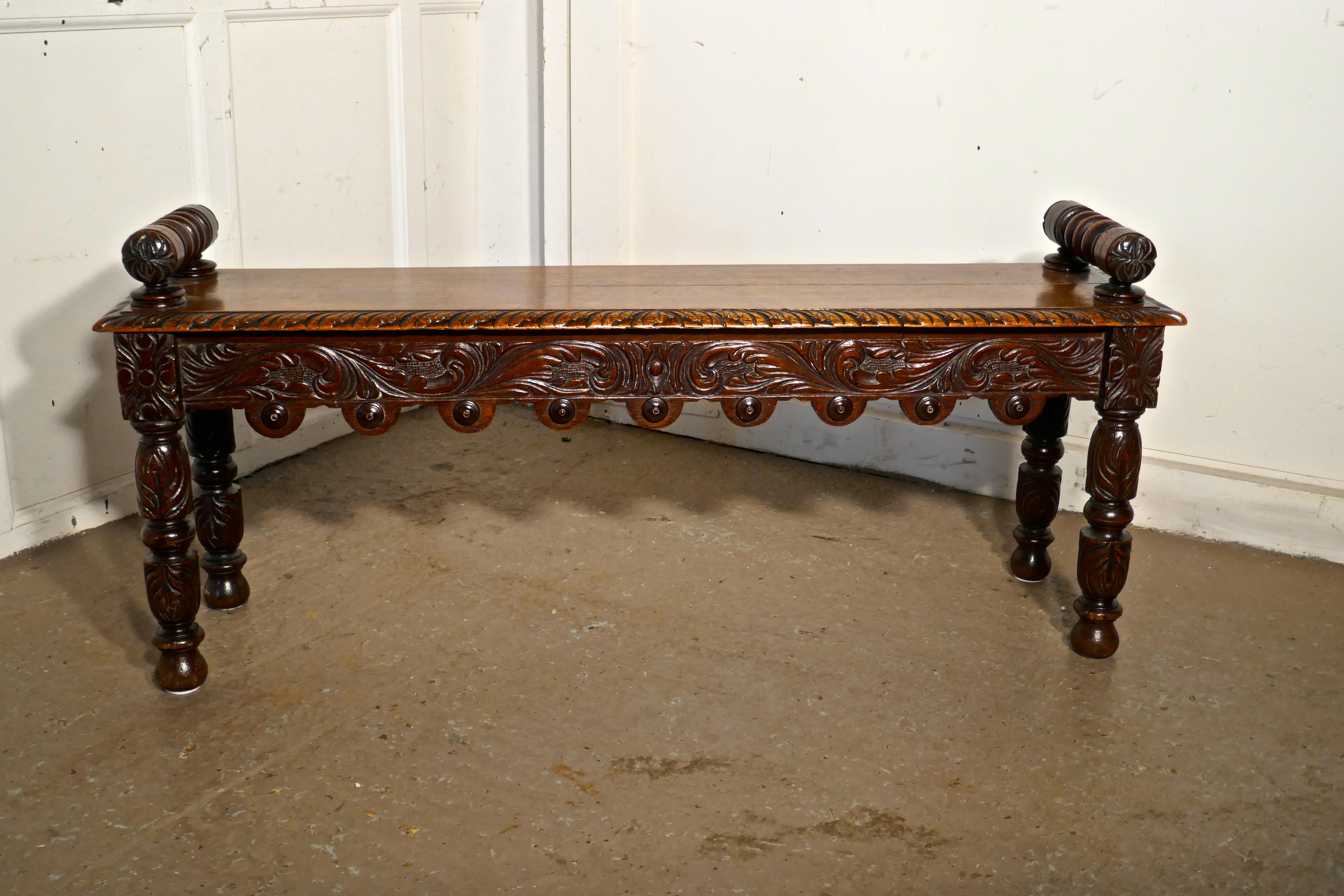 19th Century Carved Gothic Oak Window Seat or Hall bench 1