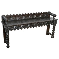 19th Century Carved Gothic Oak Window Seat or Hall Bench