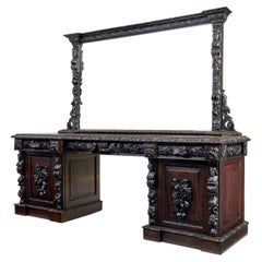19th century carved gothic revival oak mirrored buffet sideboard