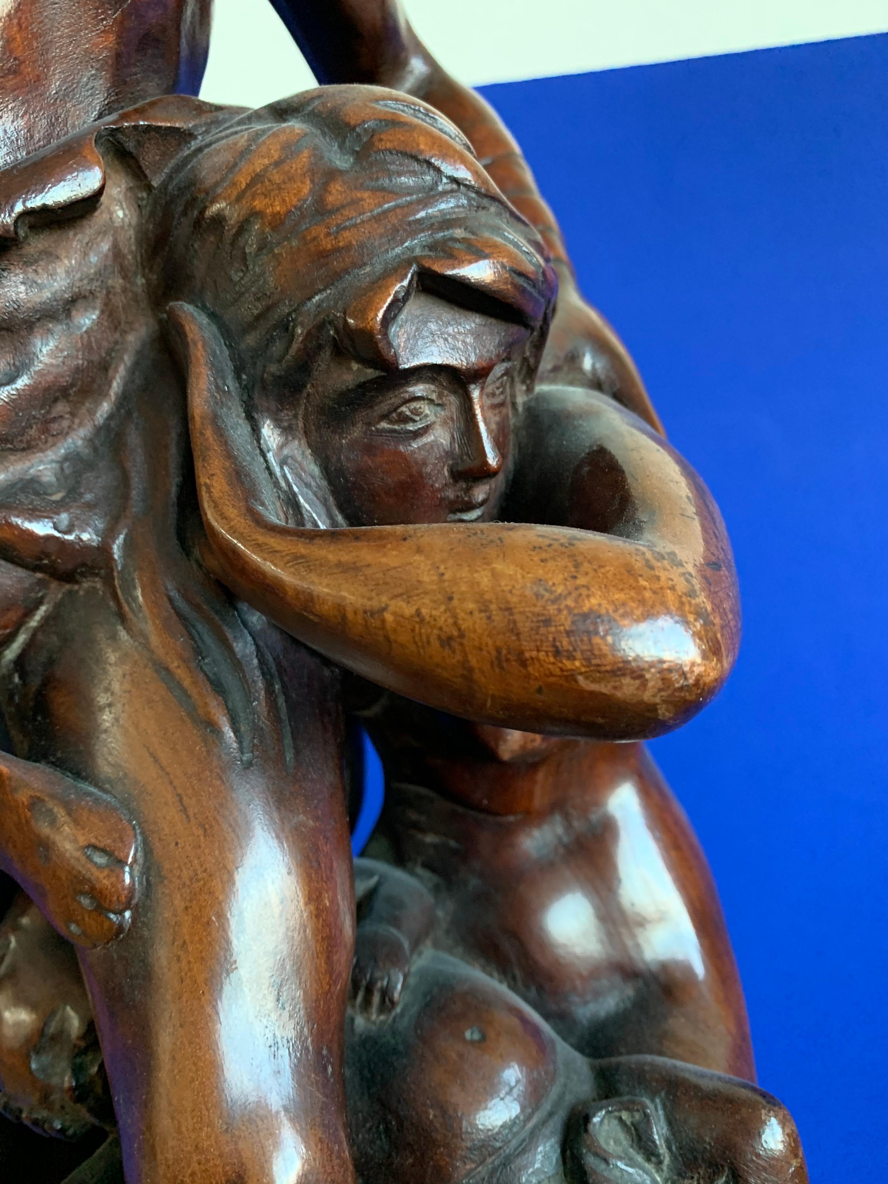 Antike geschnitzte Holzgruppe-Statue-Skulptur von Emile Boisseau, Unikat im Angebot 5