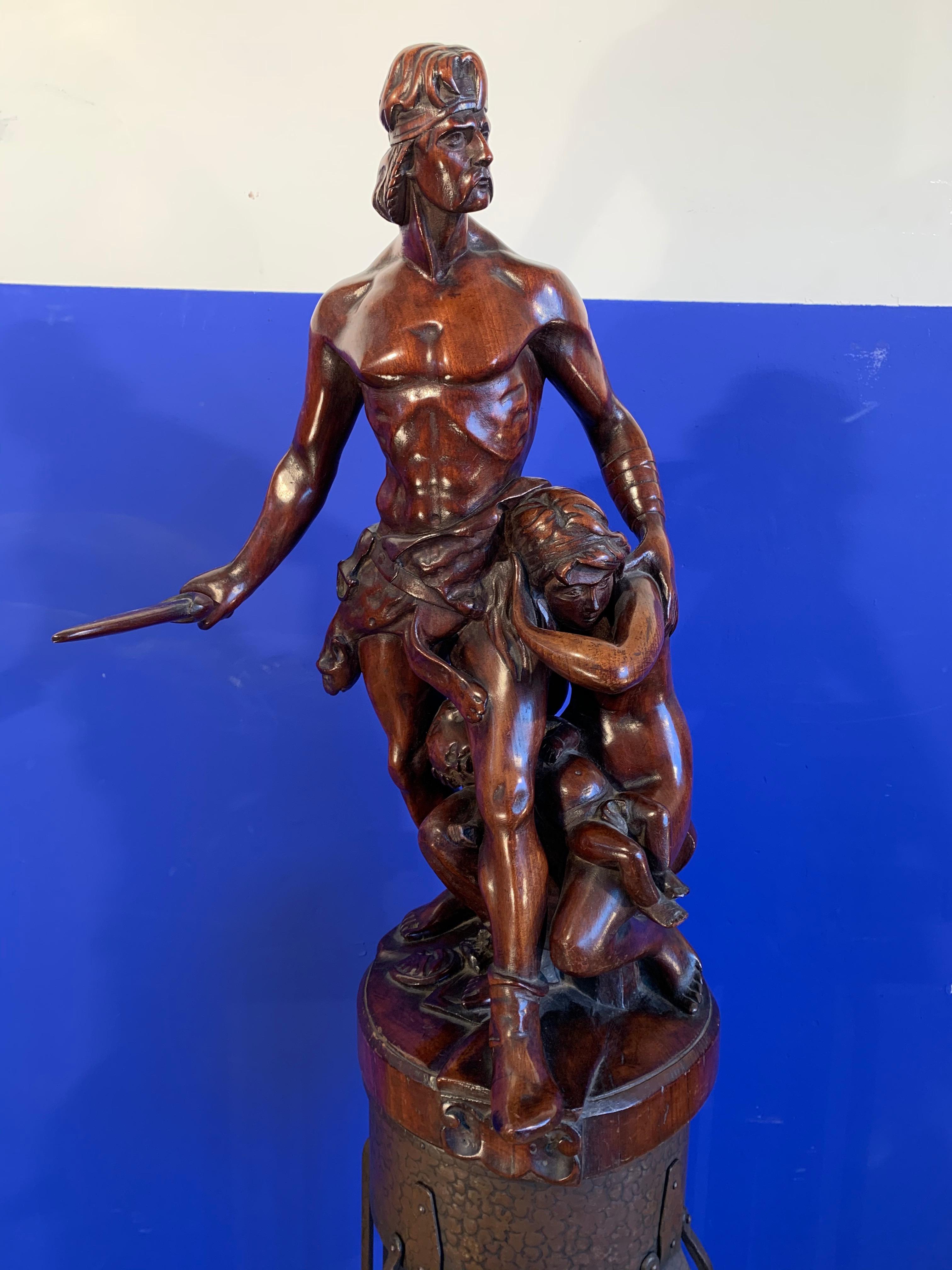 One of a Kind Antique Carved Wood Group Statue Sculpture by Emile Boisseau For Sale 9
