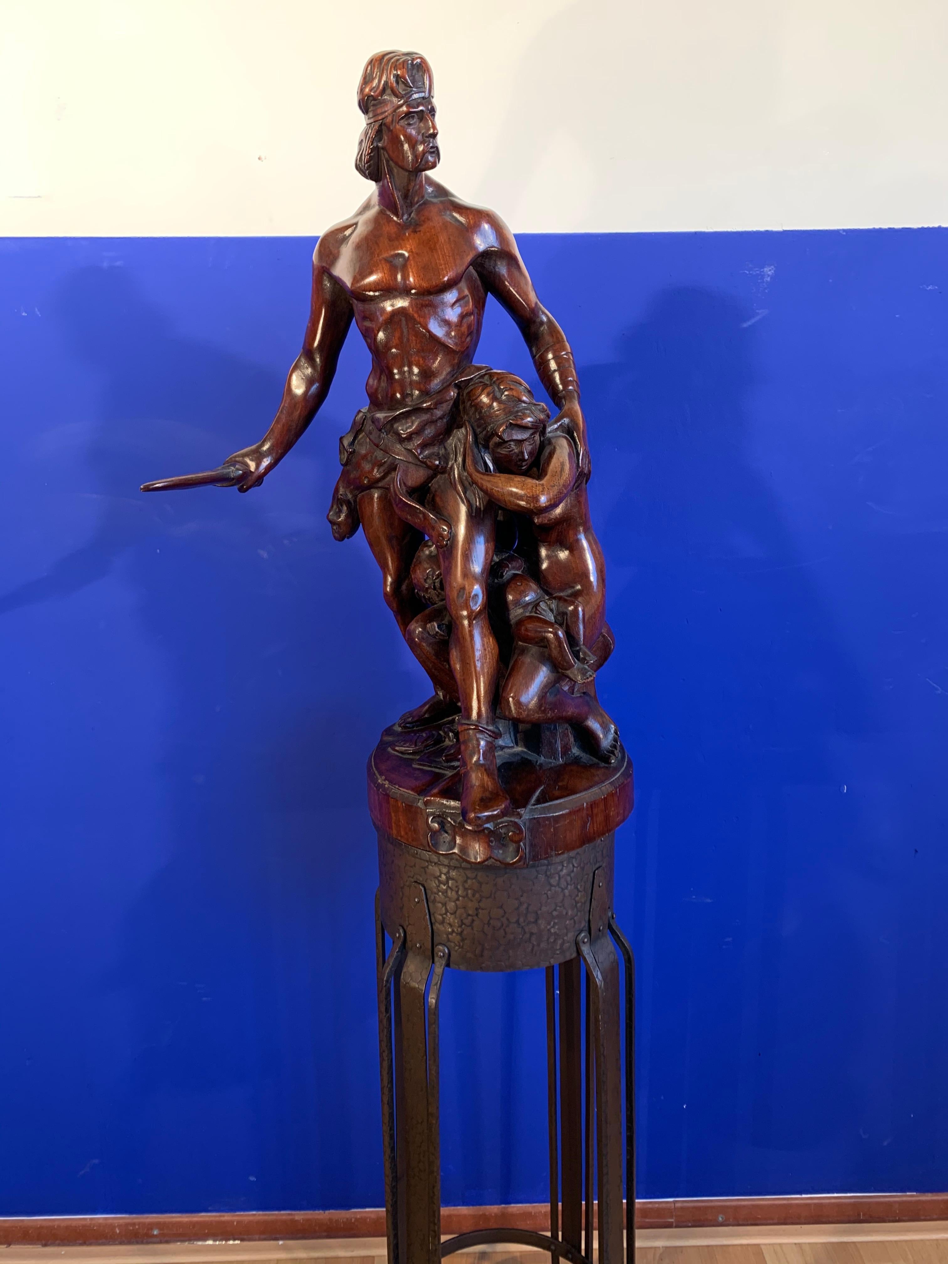 Antike geschnitzte Holzgruppe-Statue-Skulptur von Emile Boisseau, Unikat (Handgeschnitzt) im Angebot