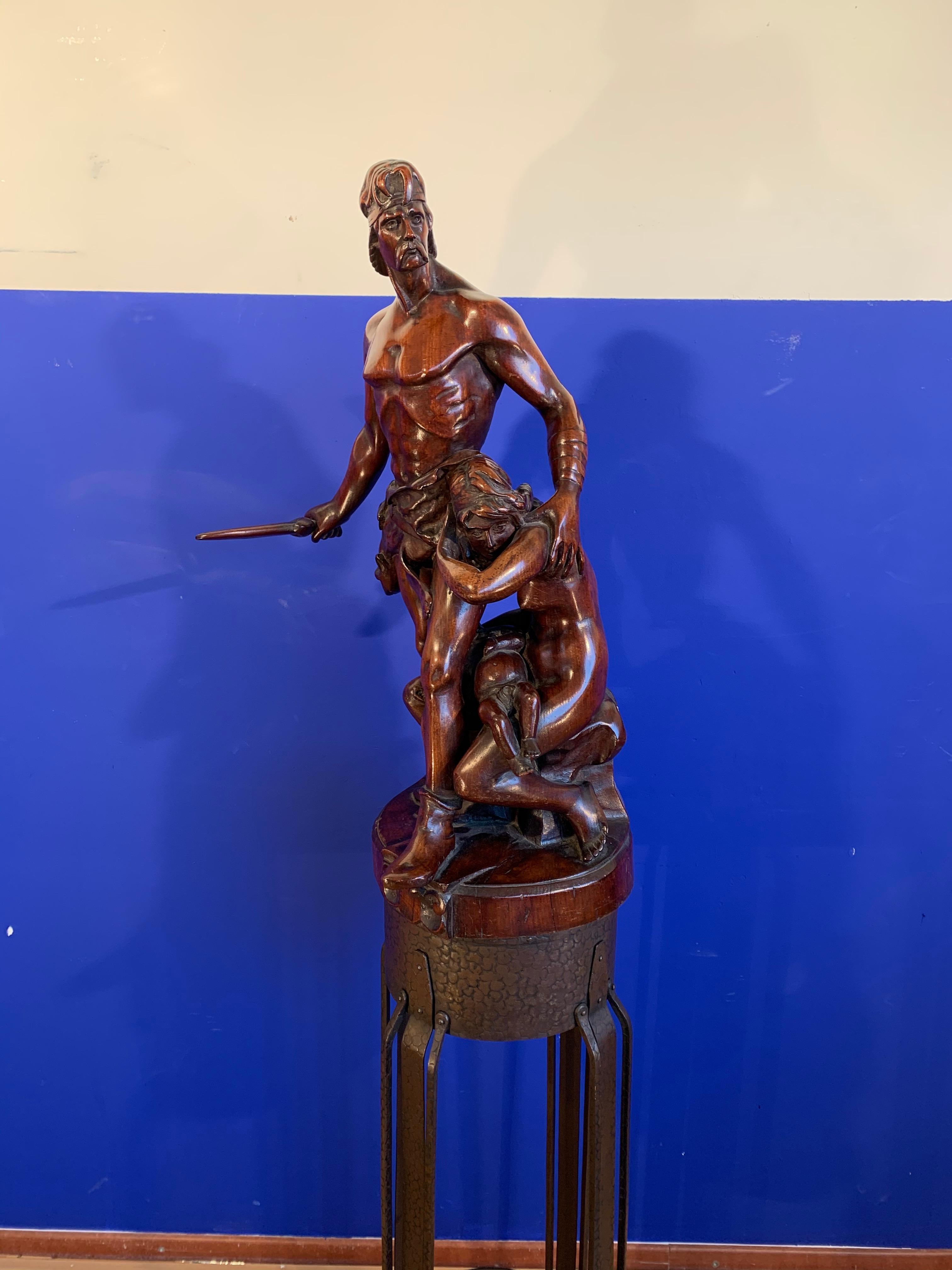 Hand-Carved One of a Kind Antique Carved Wood Group Statue Sculpture by Emile Boisseau For Sale