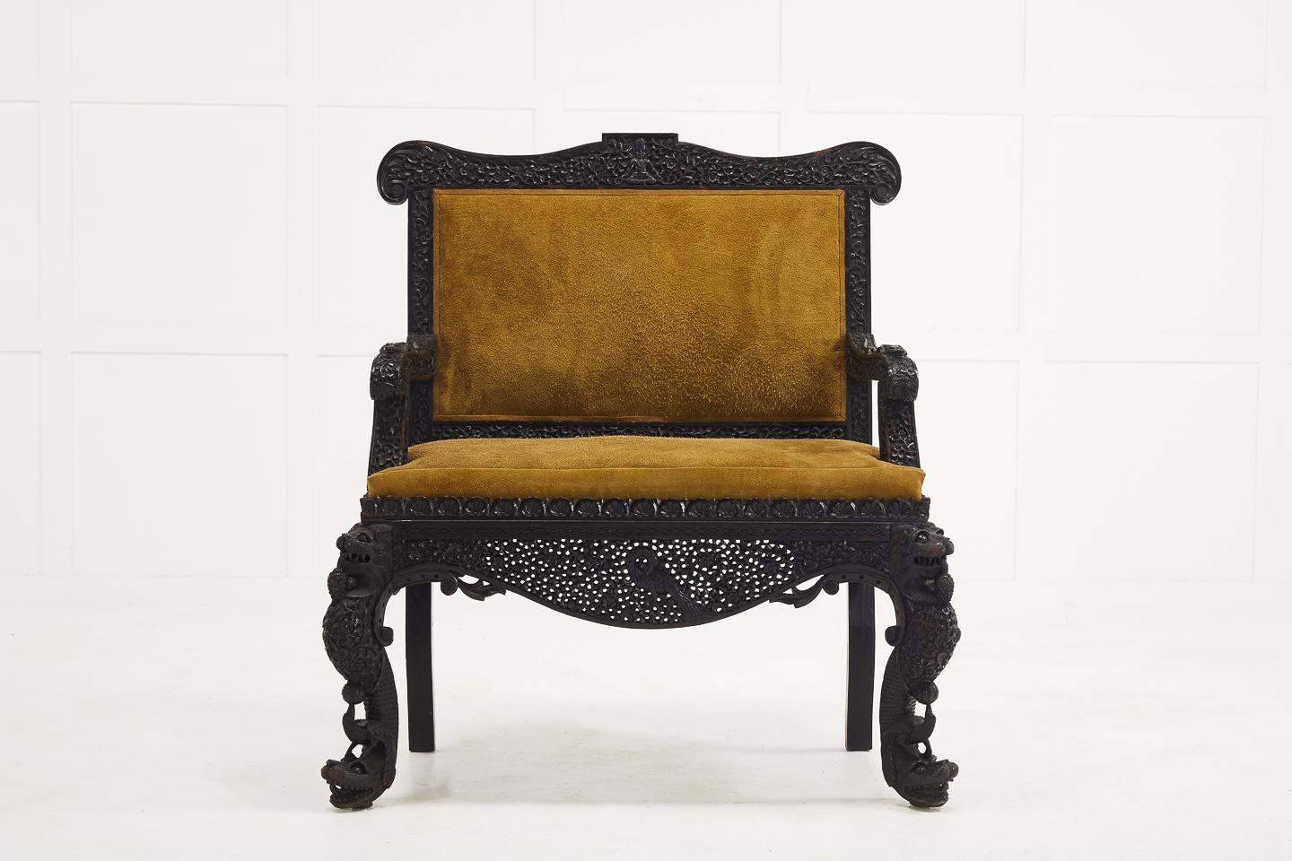 Unusual, late 19th century carved hardwood Anglo-Indian sofa upholstered in suede, circa 1900.

Two available.
