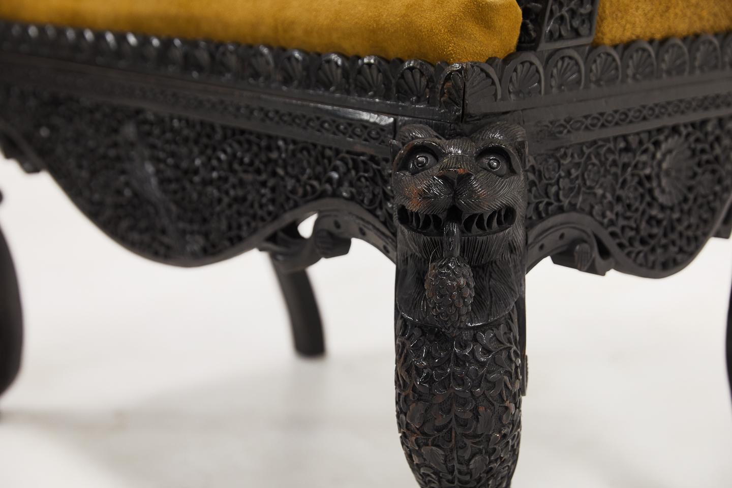19th Century Carved Hardwood Anglo Indian Sofa in Suede 1