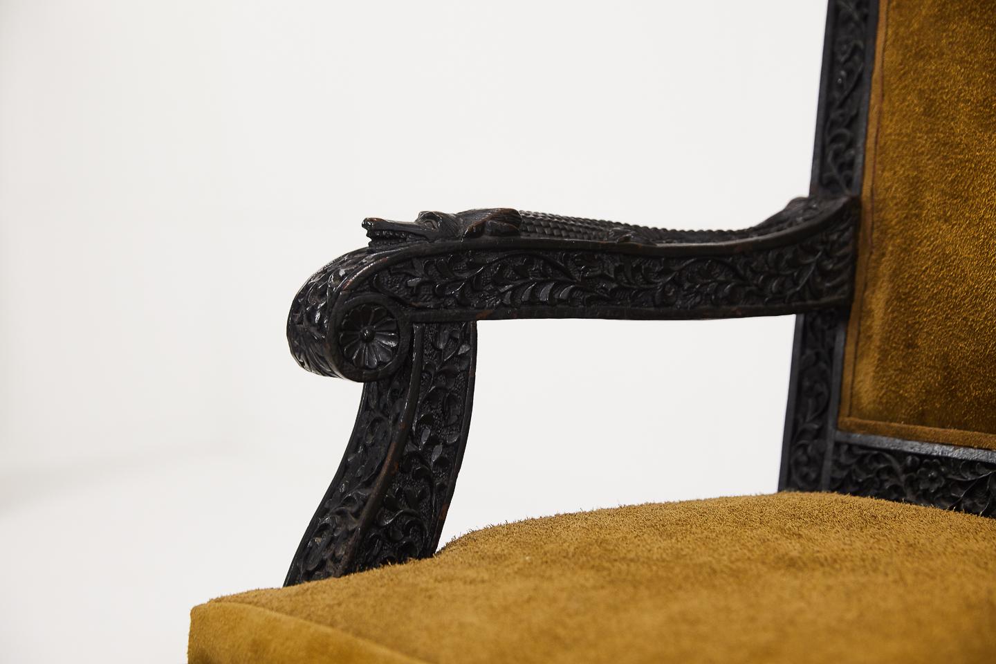 19th Century Carved Hardwood Anglo Indian Sofa in Suede 3