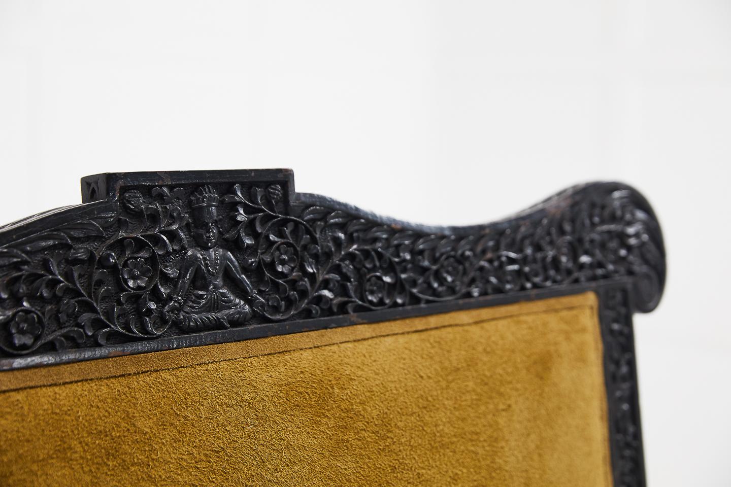 19th Century Carved Hardwood Anglo Indian Sofa in Suede 5