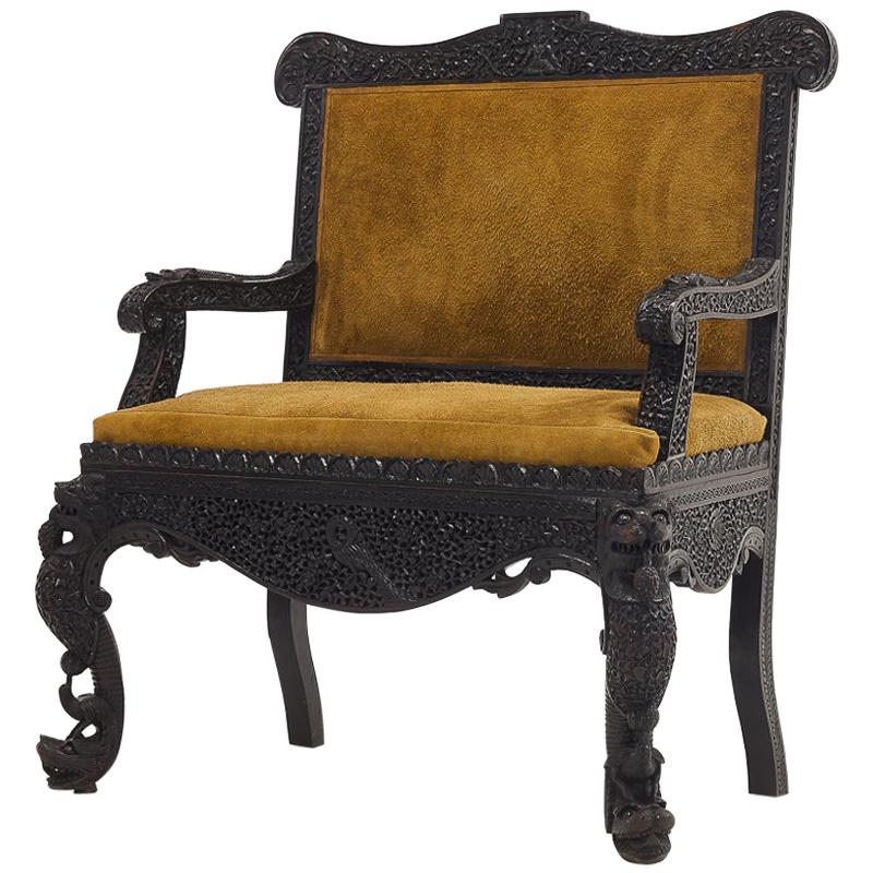19th Century Carved Hardwood Anglo Indian Sofa in Suede