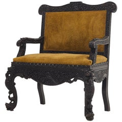 Antique 19th Century Carved Hardwood Anglo Indian Sofa in Suede