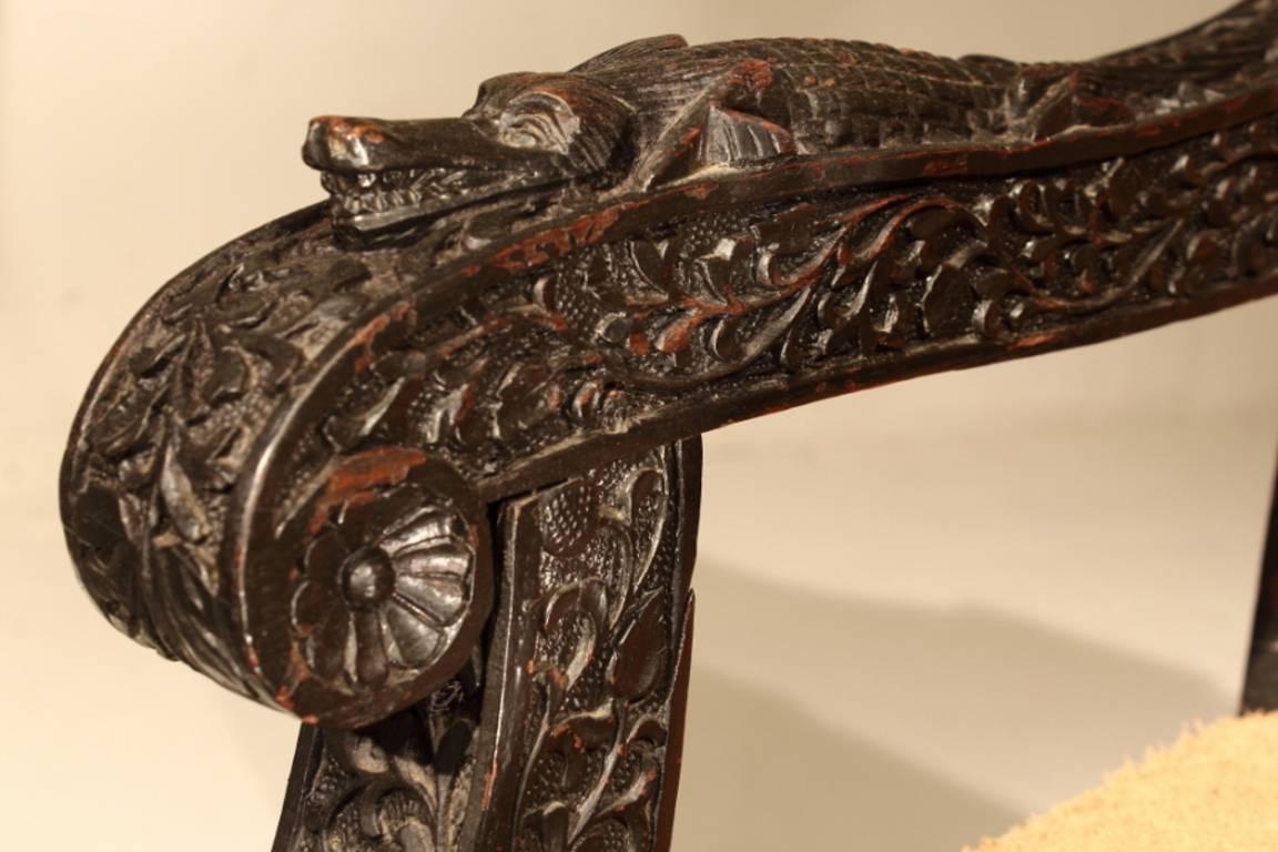 Hand-Carved 19th Century Carved Hardwood Pair of Anglo Indian Sofas in Suede For Sale