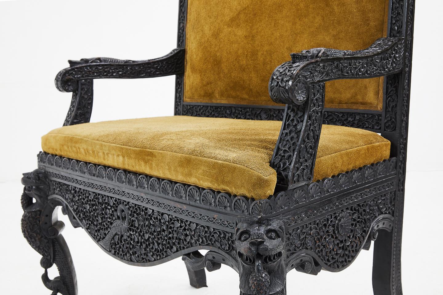 Unknown 19th Century Carved Hardwood Pair of Anglo Indian Sofas in Suede