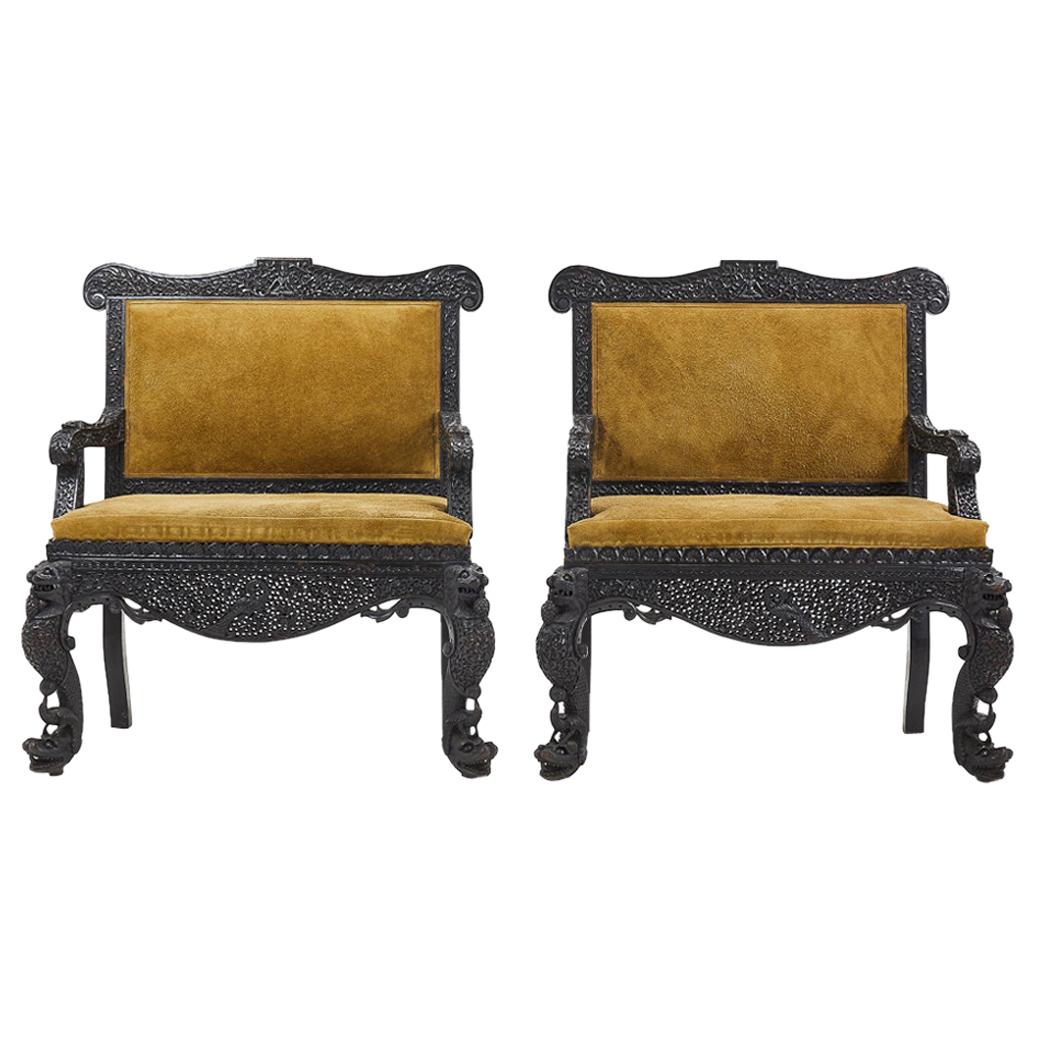 19th Century Carved Hardwood Pair of Anglo Indian Sofas in Suede