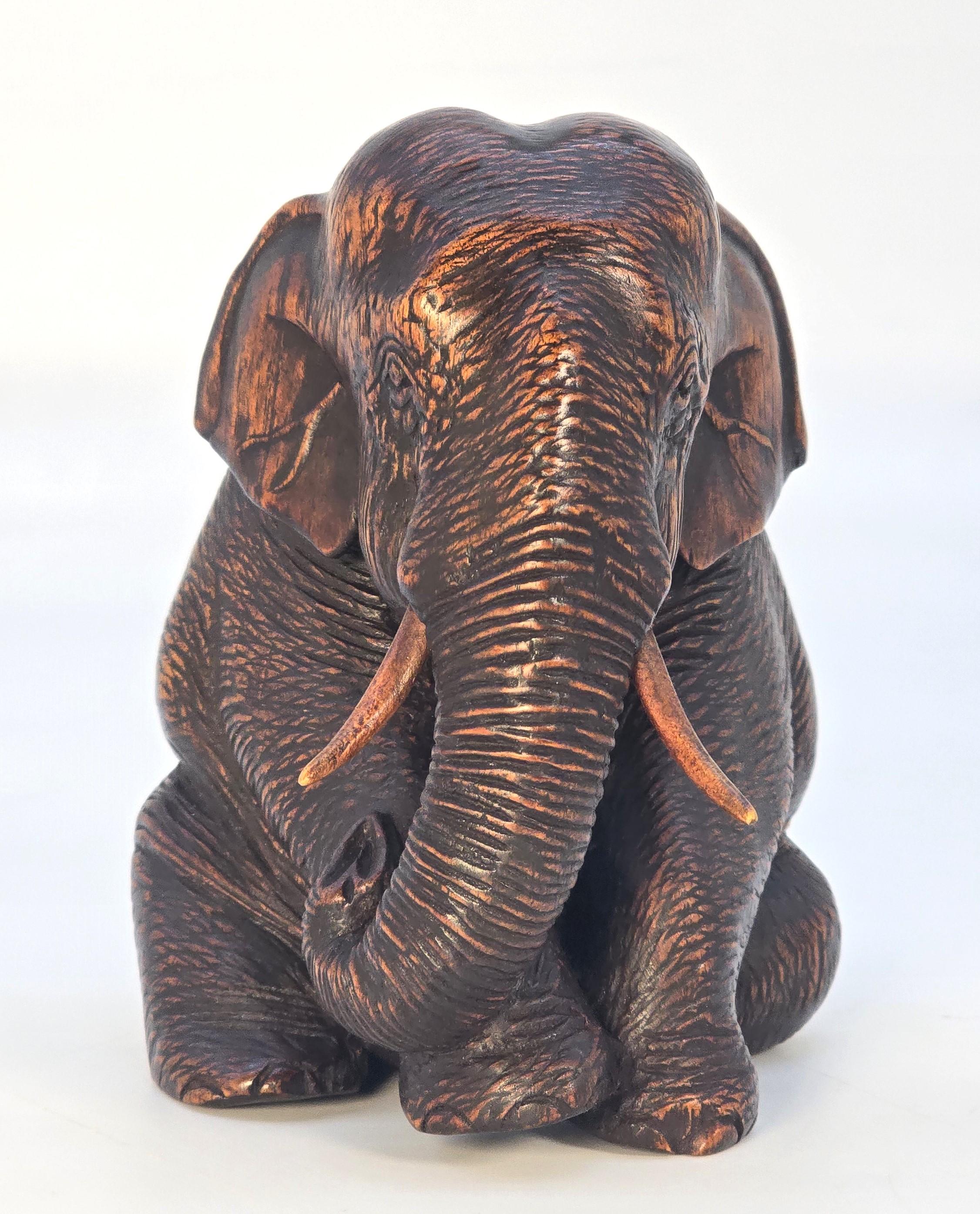 Cette pièce inhabituelle et de grande qualité est sculptée à la main dans un seul morceau de bois dur.

Elle représente un éléphant dans une position assise très inhabituelle. L'éléphant a été capturé de façon très naturelle par l'artiste sculpteur